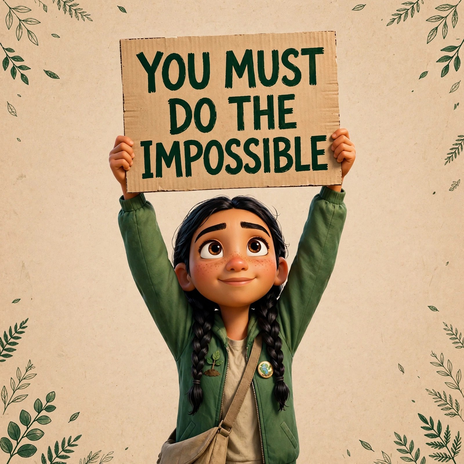 AI-generated dramatization art: the Greta character raising a sign reading YOU MUST DO THE IMPOSSIBLE