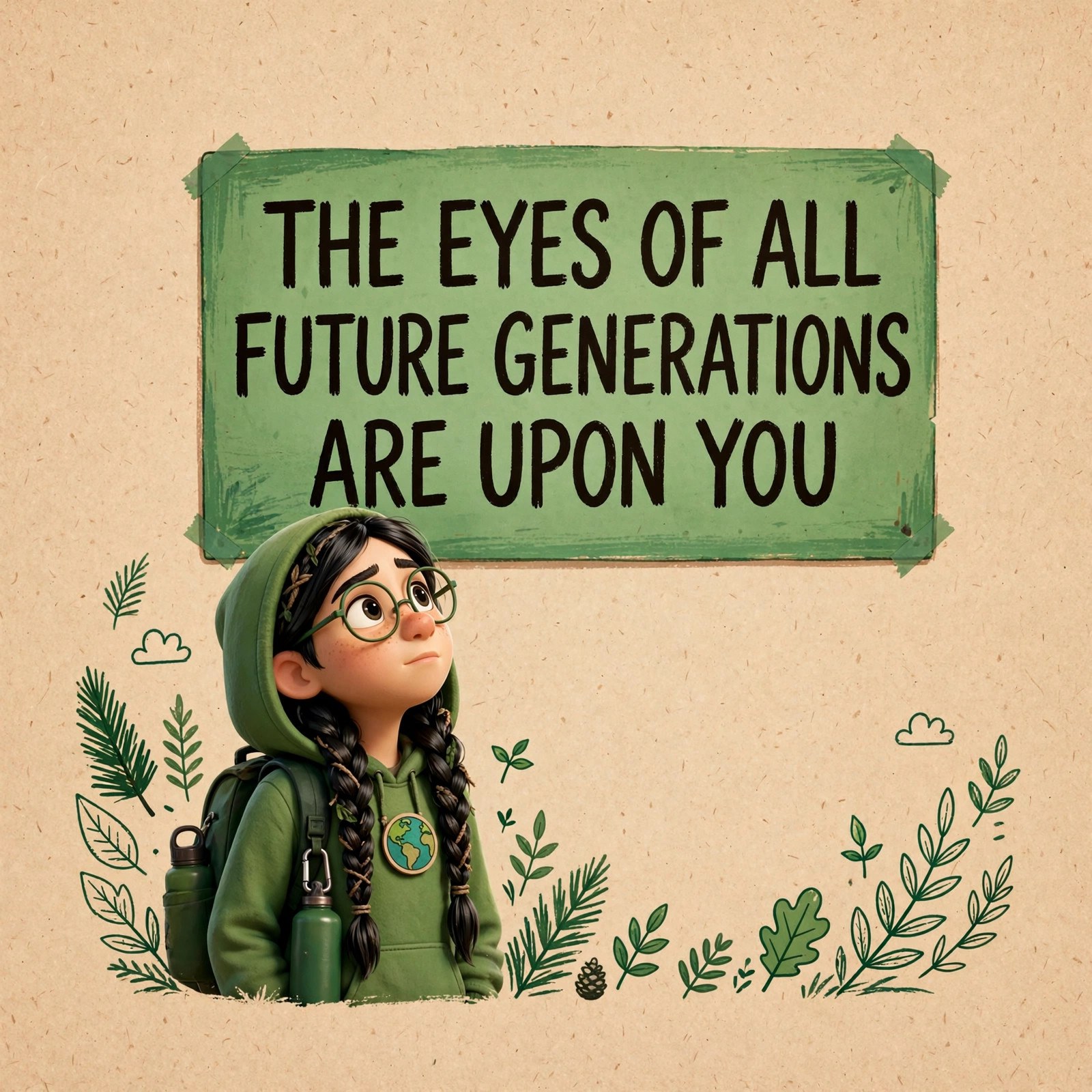 AI-generated dramatization art: the Greta character with a sign reading THE EYES OF ALL FUTURE GENERATIONS ARE UPON YOU