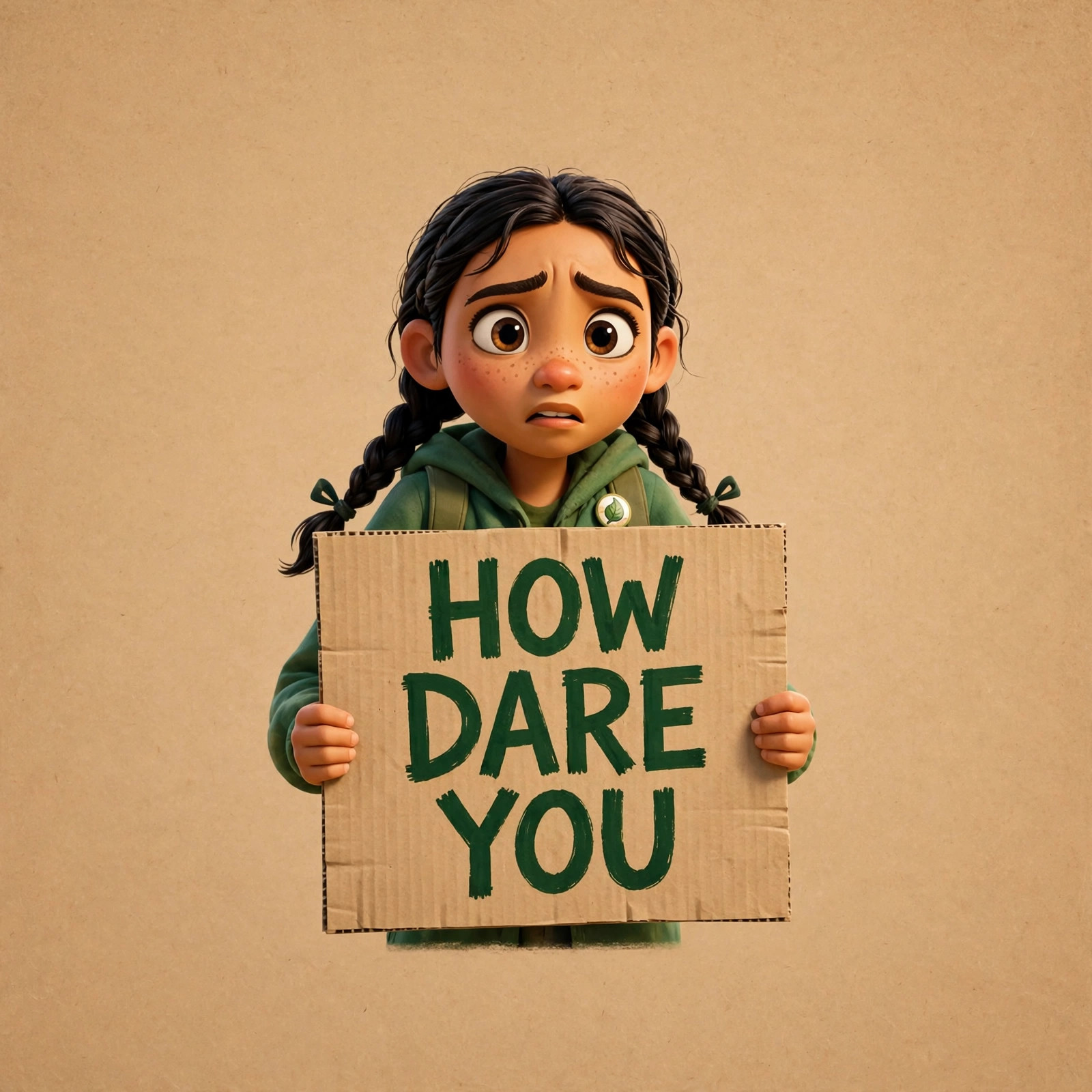 AI-generated dramatization art: the Greta character holding a placard reading HOW DARE YOU