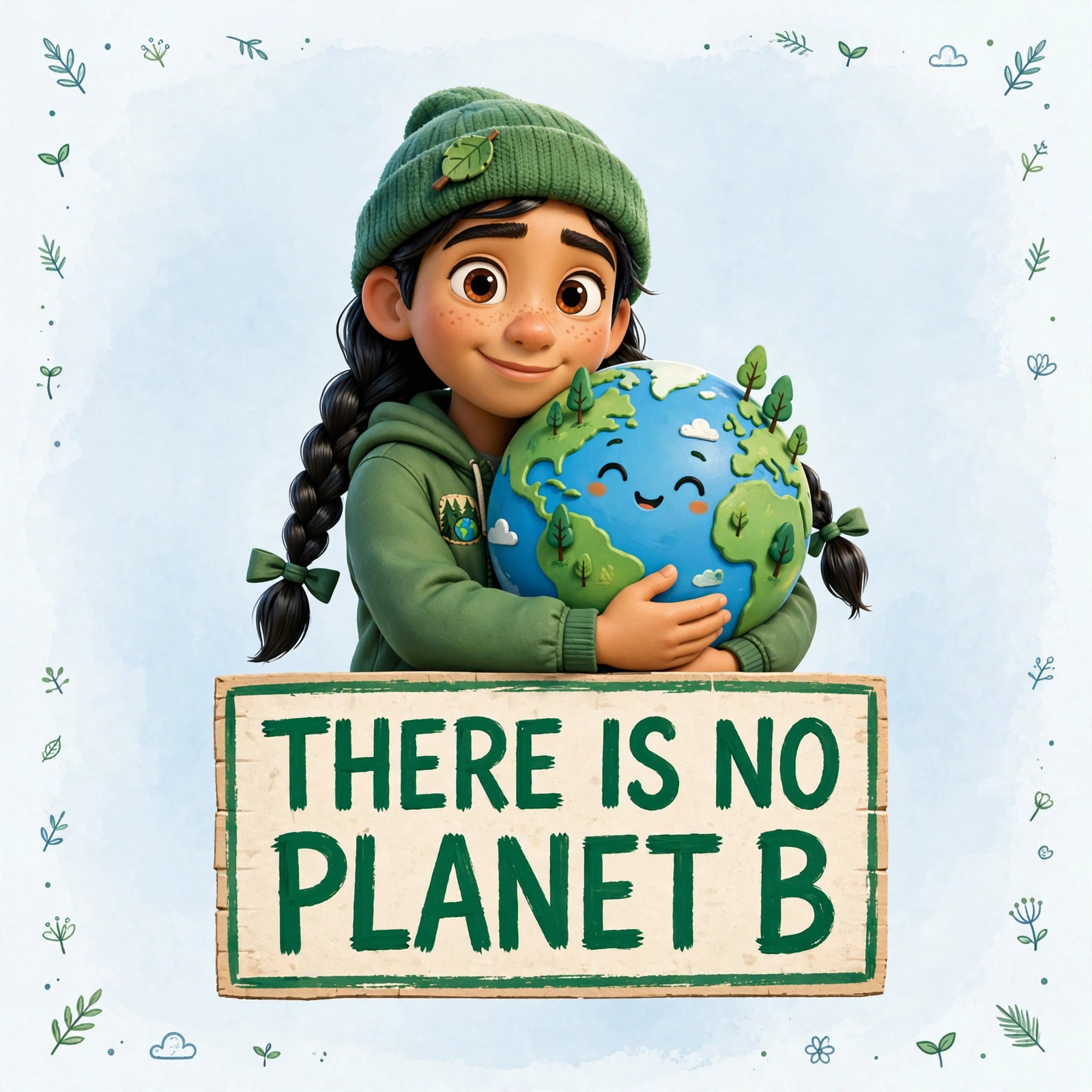 AI-generated dramatization art: the Greta character hugging a cartoon Earth beside a sign reading THERE IS NO PLANET B