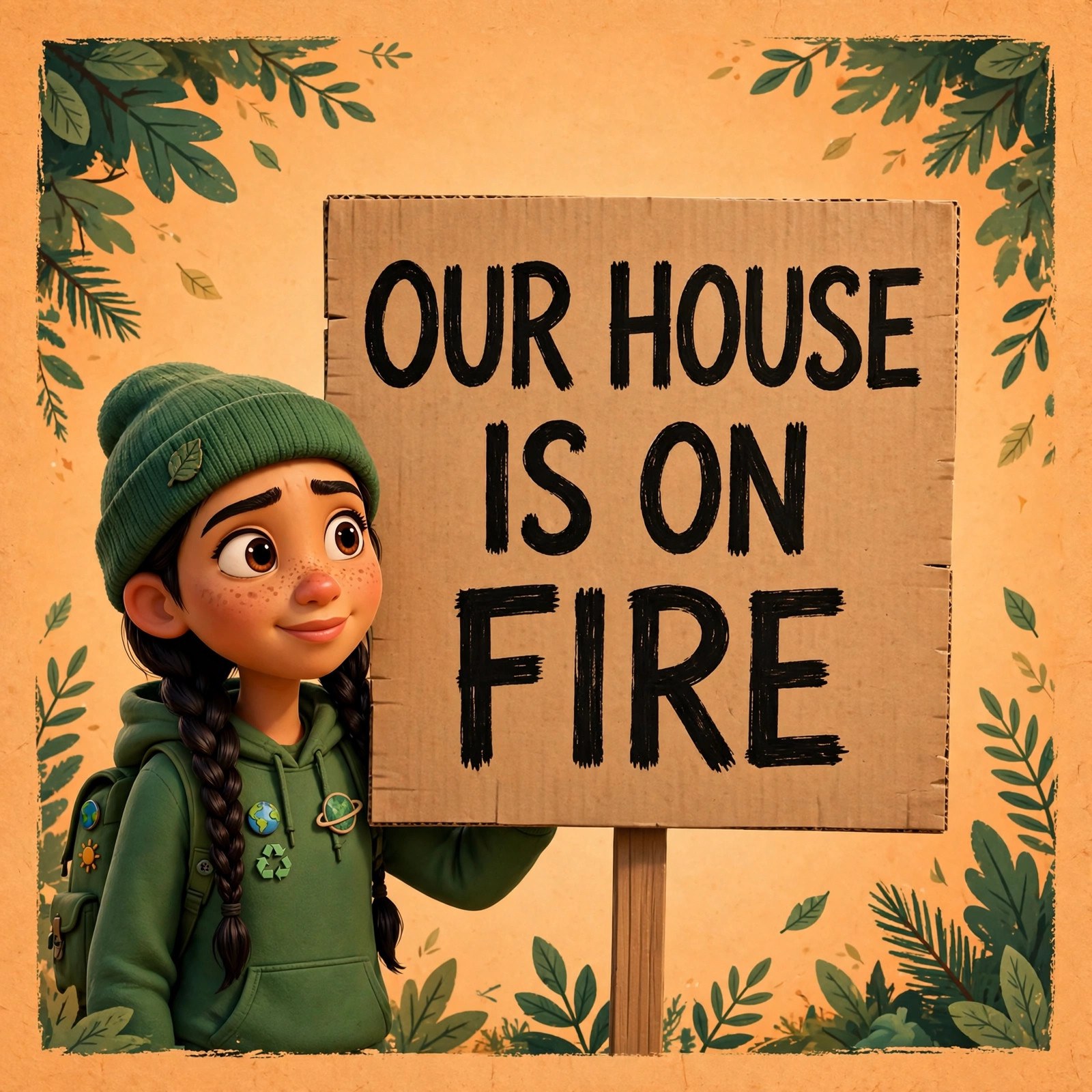 AI-generated dramatization art: the Greta character beside a placard reading OUR HOUSE IS ON FIRE