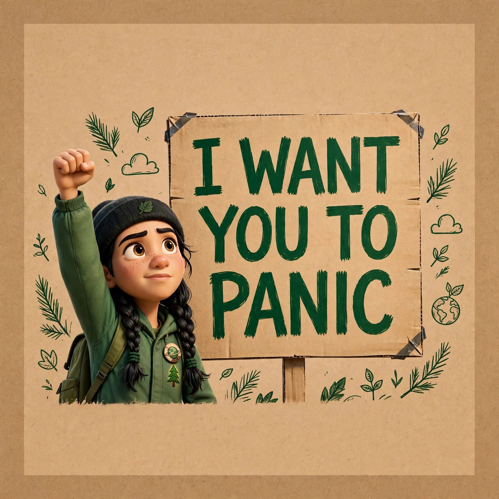 AI-generated dramatization art: the Greta character raising a fist beside a sign reading I WANT YOU TO PANIC