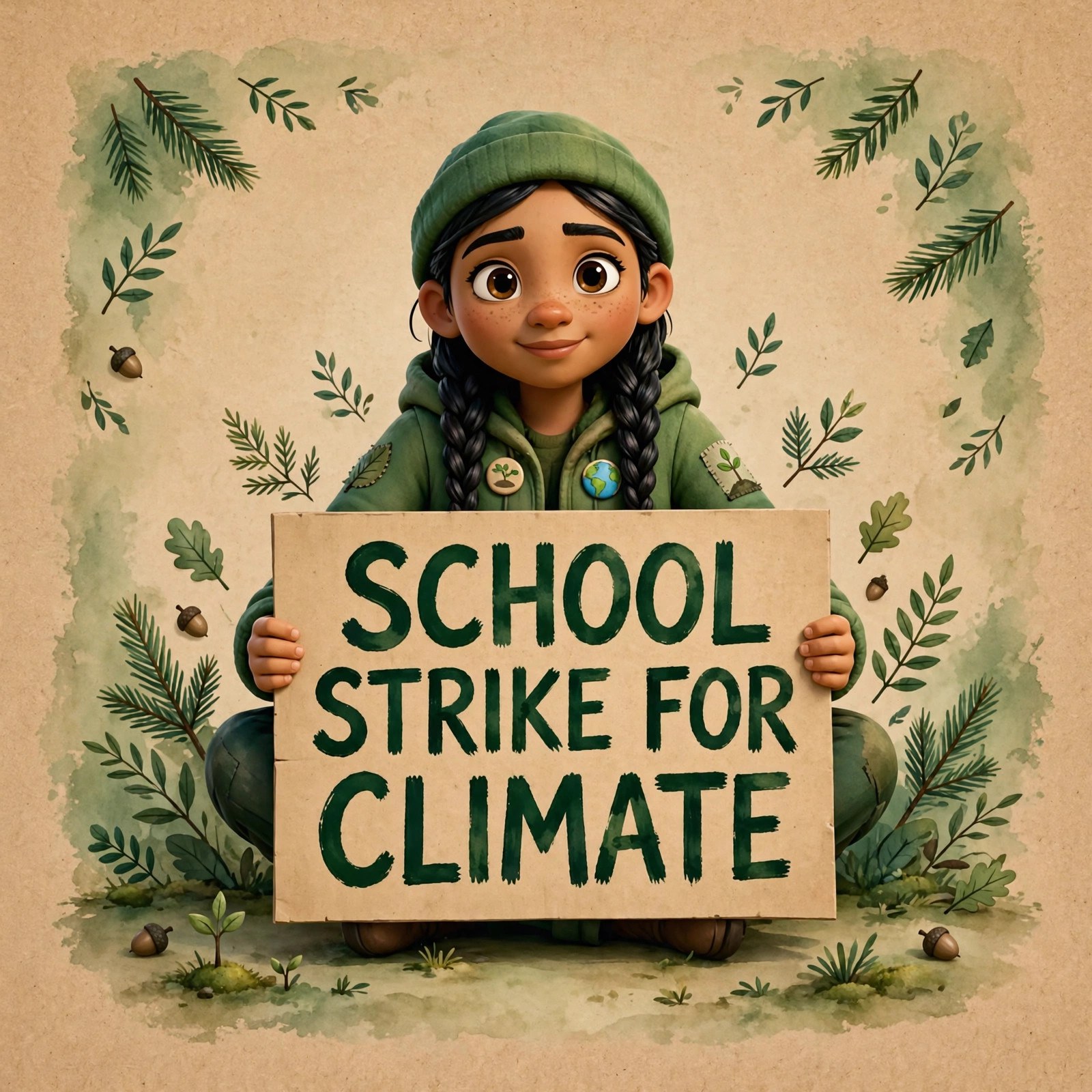 AI-generated dramatization art: the Greta character holding a placard reading SCHOOL STRIKE FOR CLIMATE