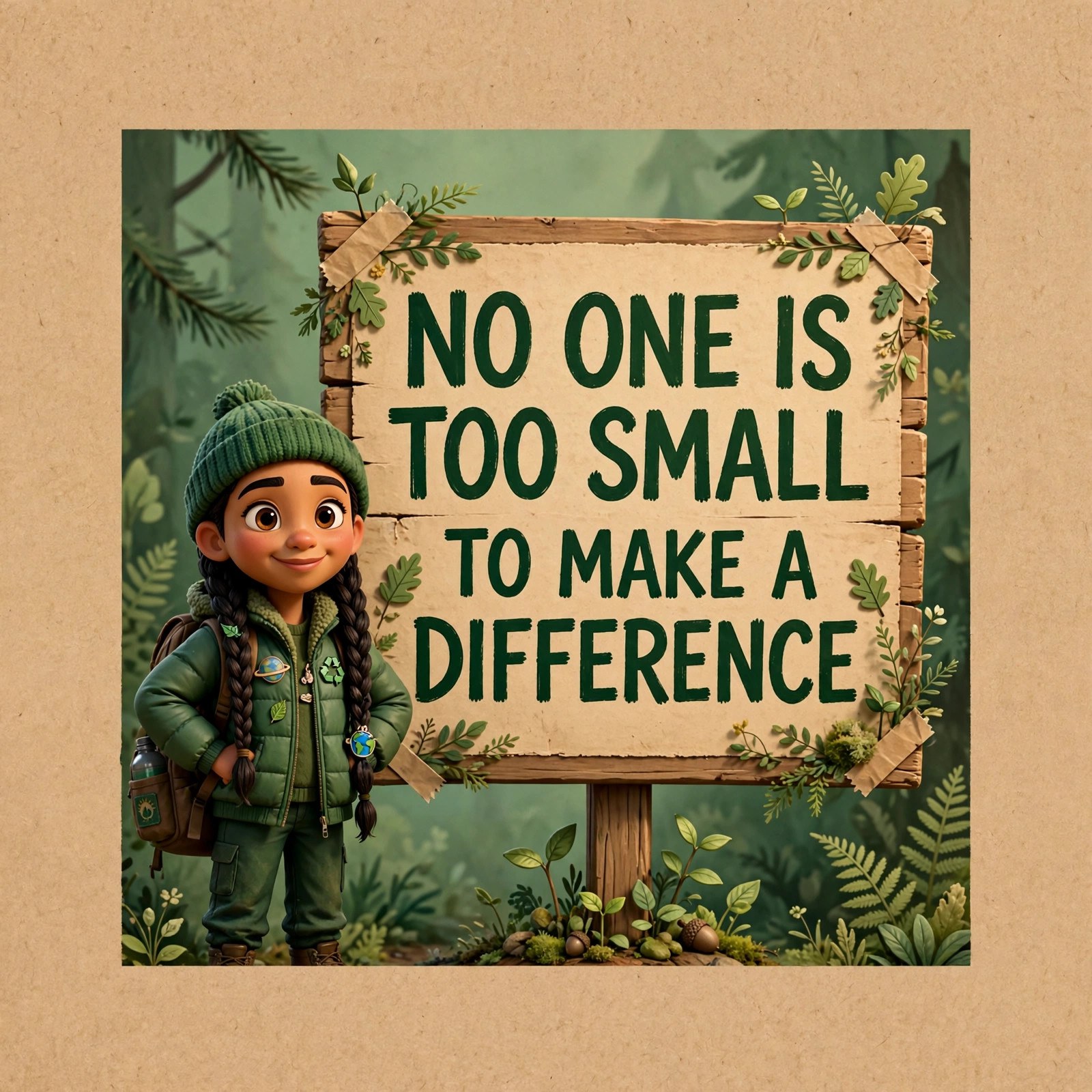 AI-generated dramatization art: the Greta character beside a sign reading NO ONE IS TOO SMALL TO MAKE A DIFFERENCE