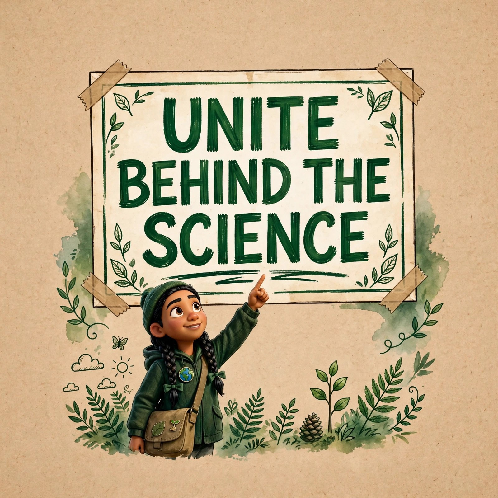 AI-generated dramatization art: the Greta character pointing at a sign reading UNITE BEHIND THE SCIENCE