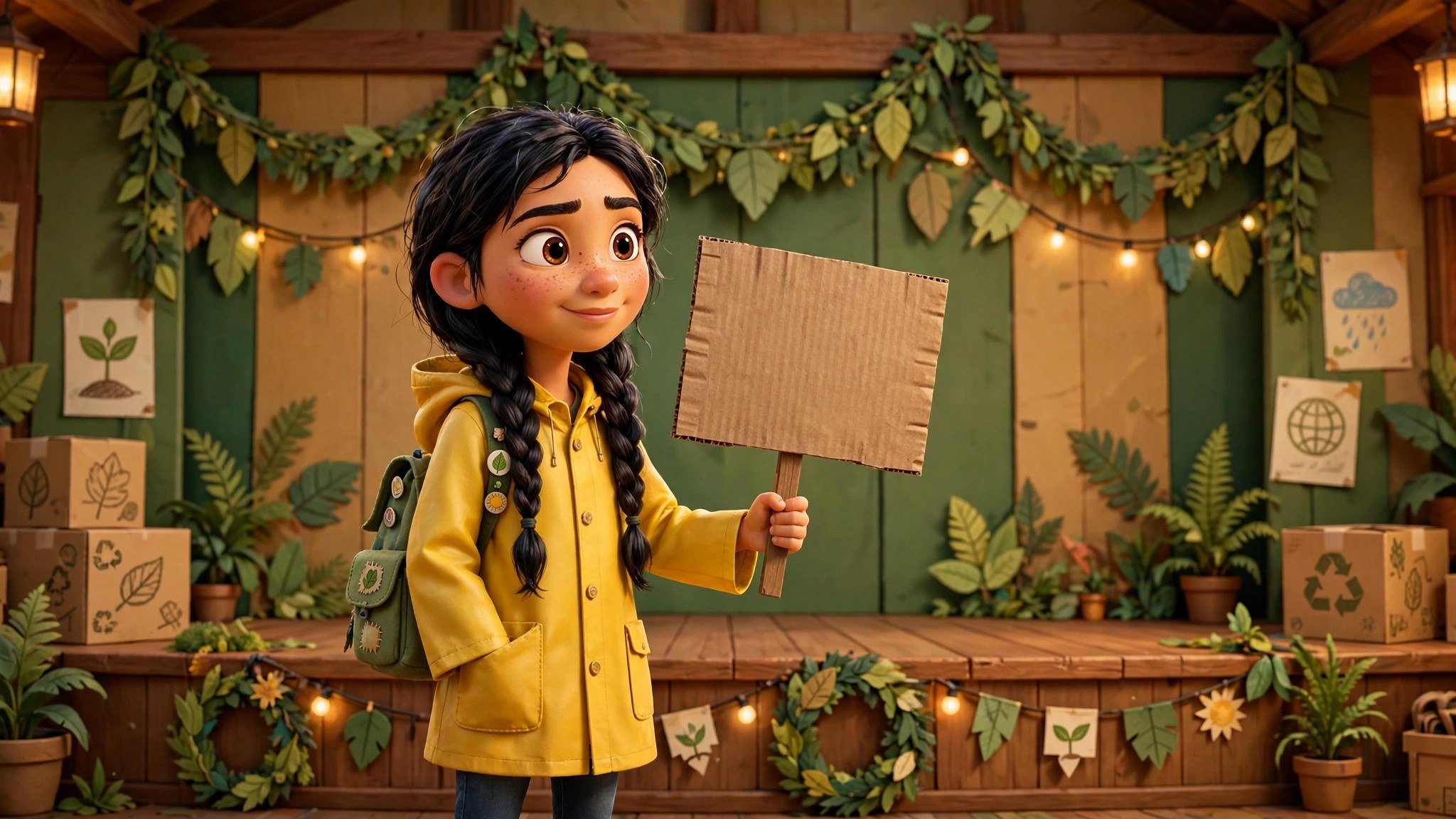Wide AI-generated illustration of the animated Greta character holding a climate placard in front of a stylized youth-assembly stage