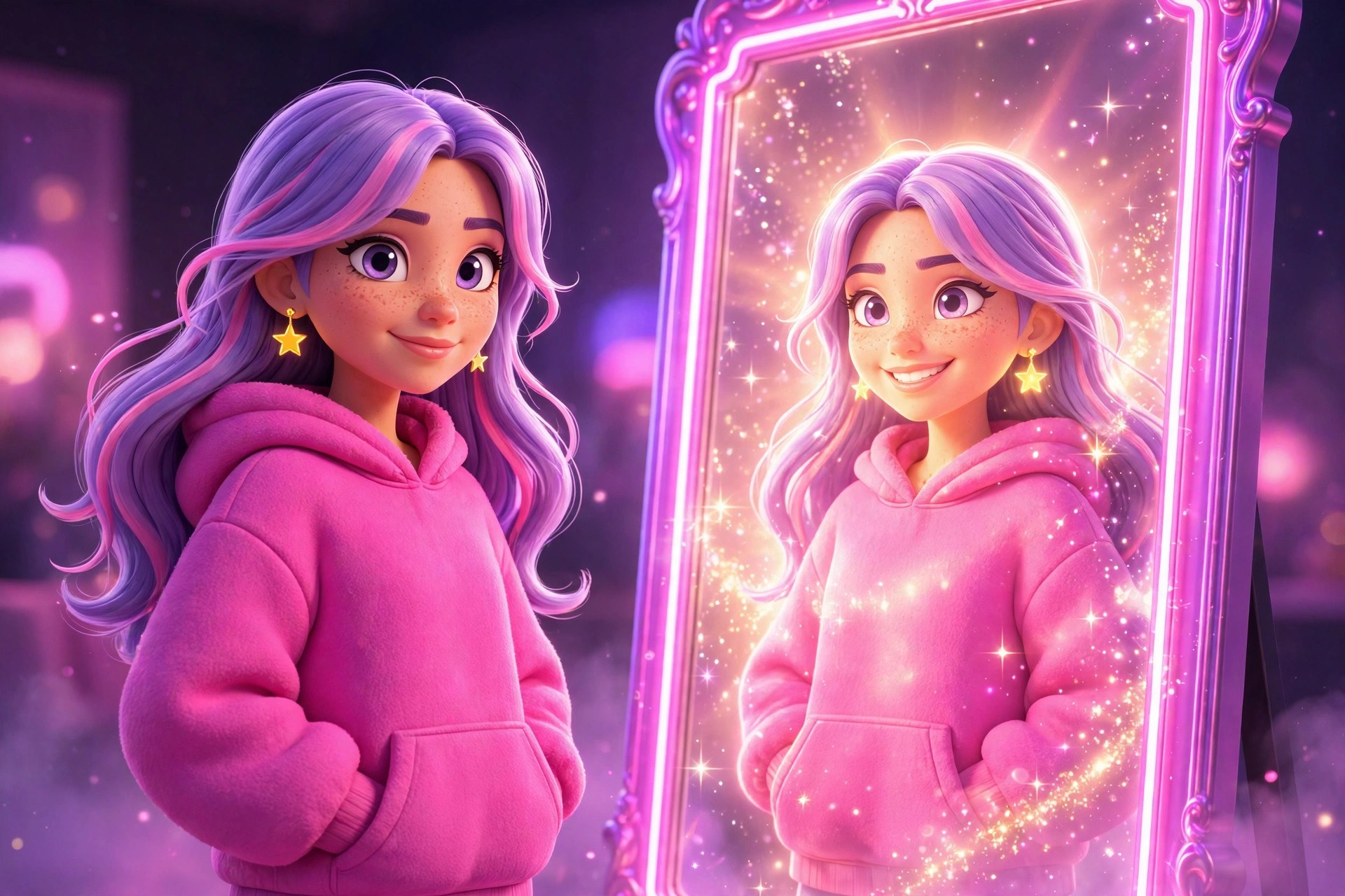 AI-generated illustration of Ivy standing before a glowing neon mirror reflecting a radiant version of herself