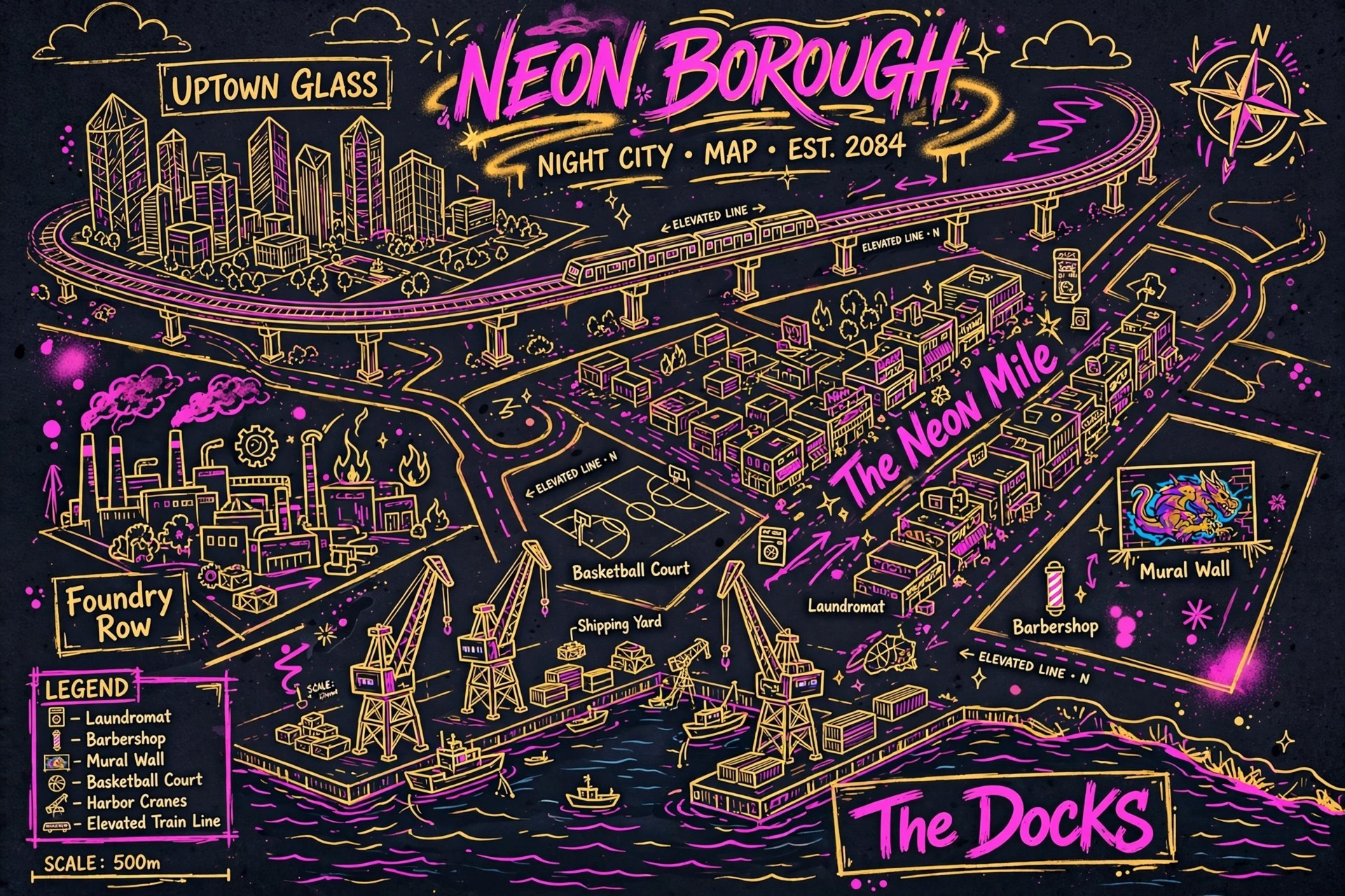 AI-generated dramatization art: stylized map of fictional Neon Borough