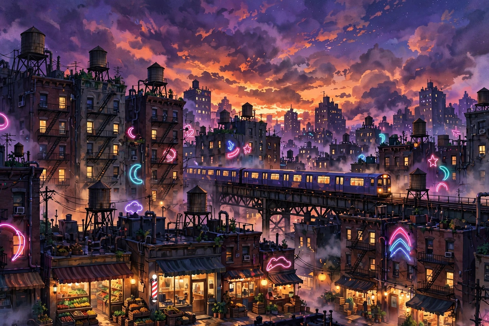 AI-generated dramatization art: the fictional city of Neon Borough at night