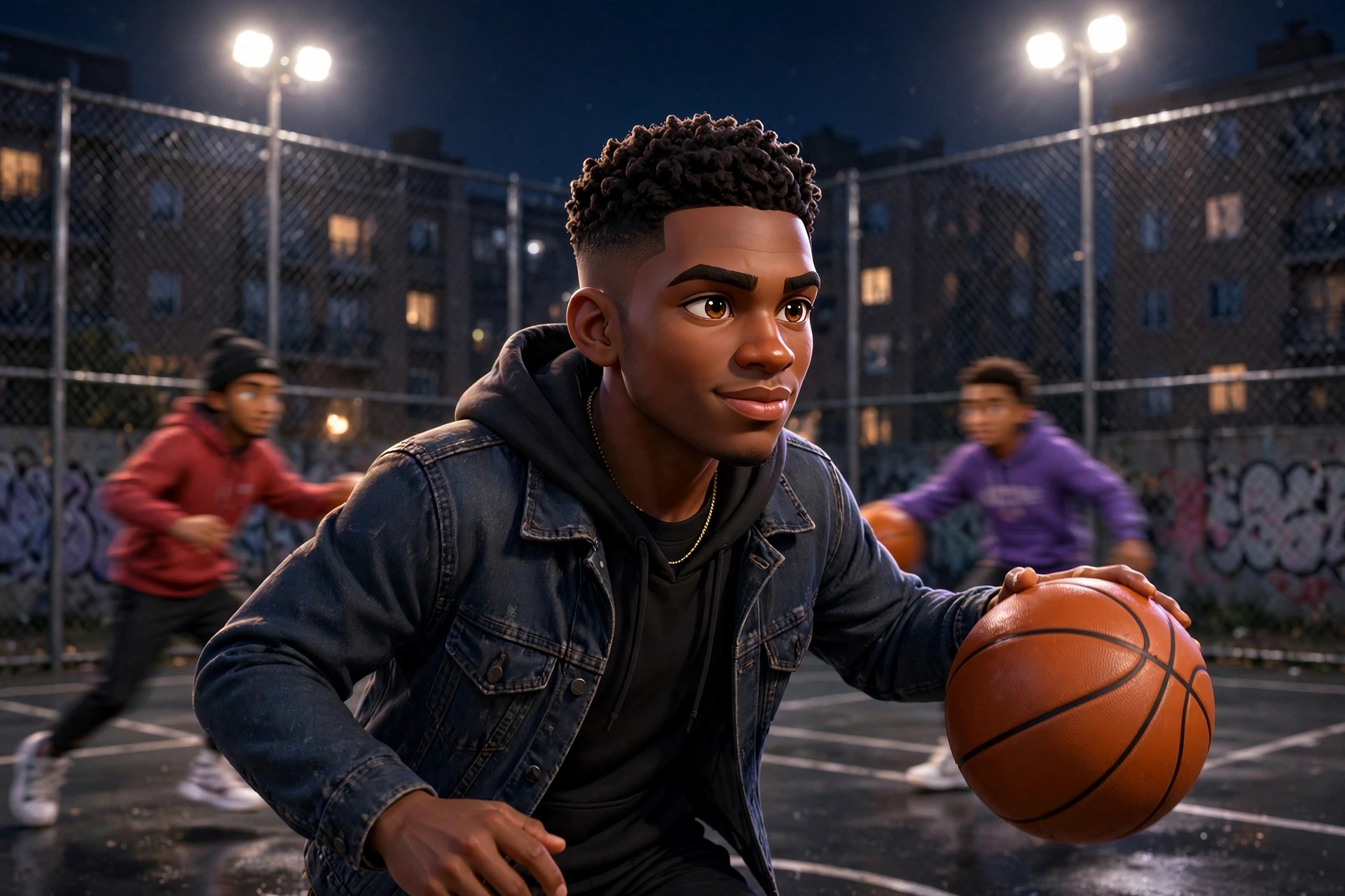 AI-generated dramatization art: night pickup game on a city court
