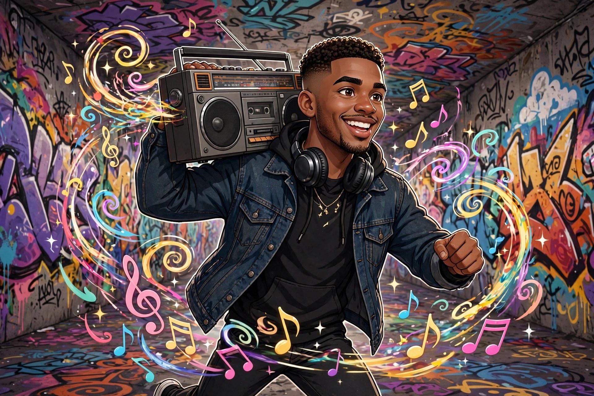 AI-generated dramatization art: Jamal with boombox and headphones