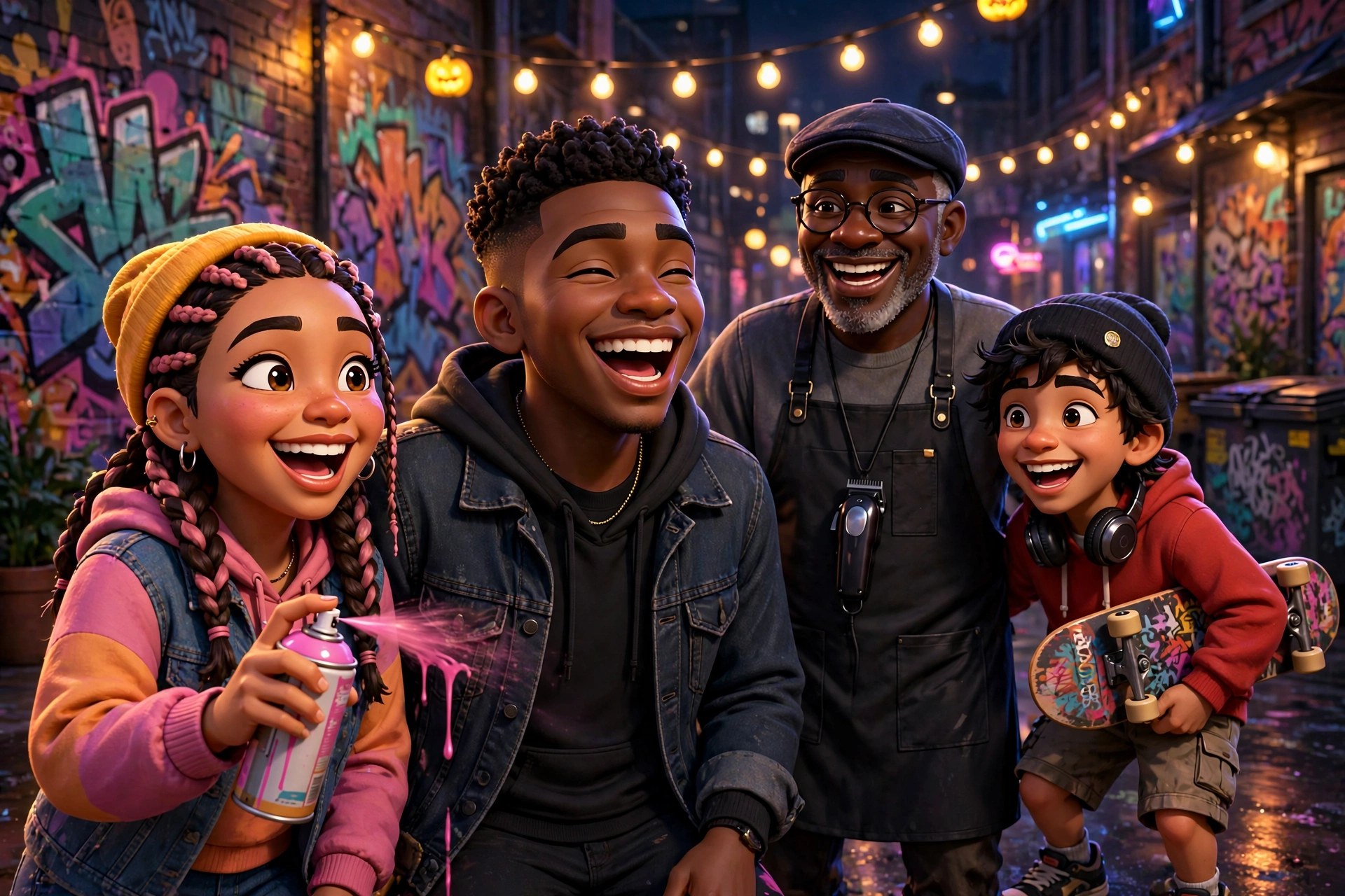 AI-generated dramatization art: Jamal with his crew in a neon alley