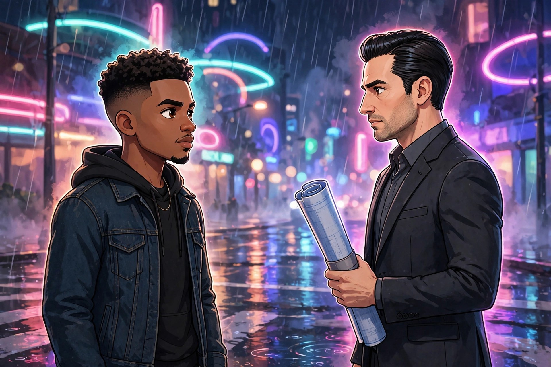 AI-generated dramatization art: Jamal facing a rival at a neon crossroads