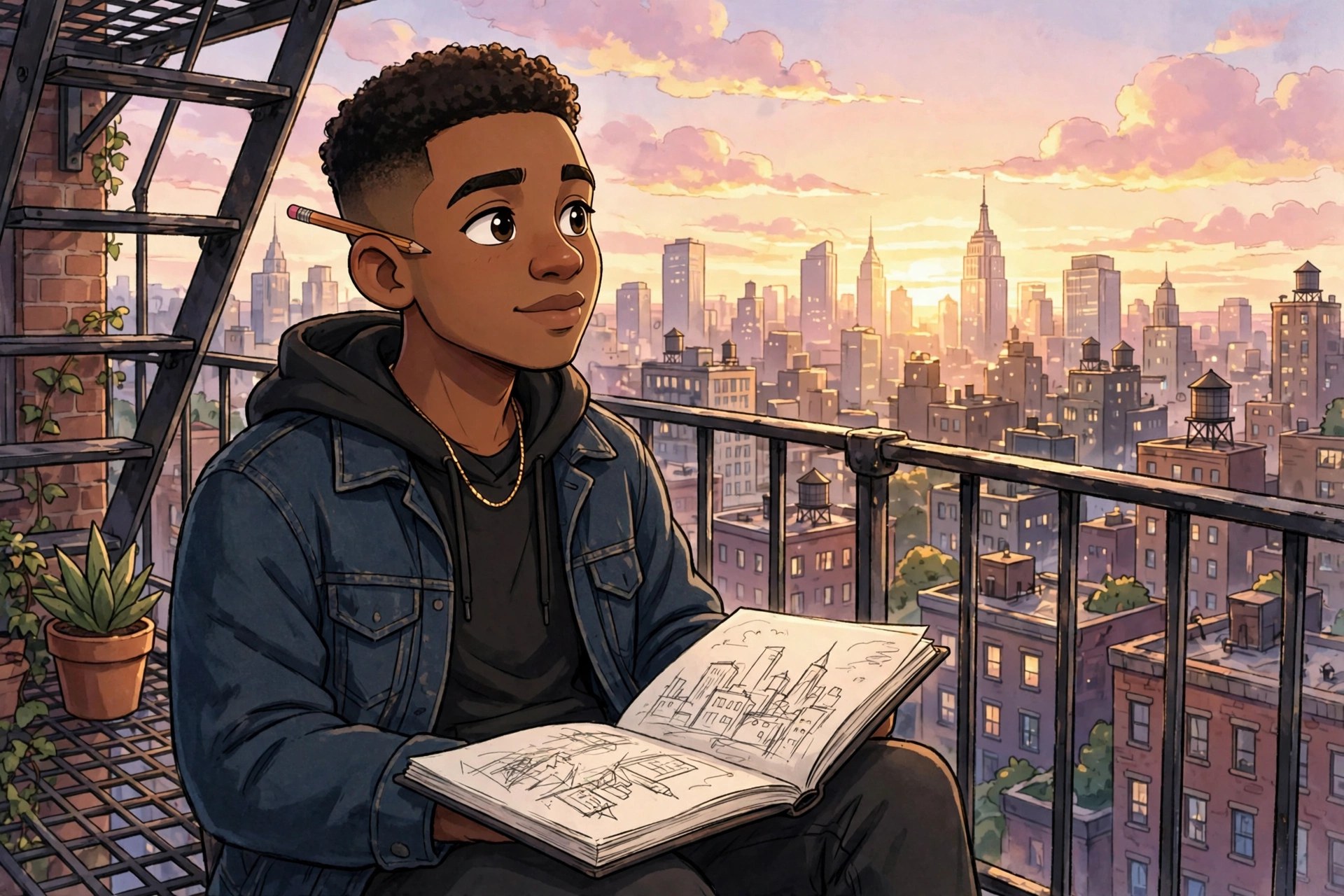 AI-generated dramatization art: Jamal on a fire escape at dawn