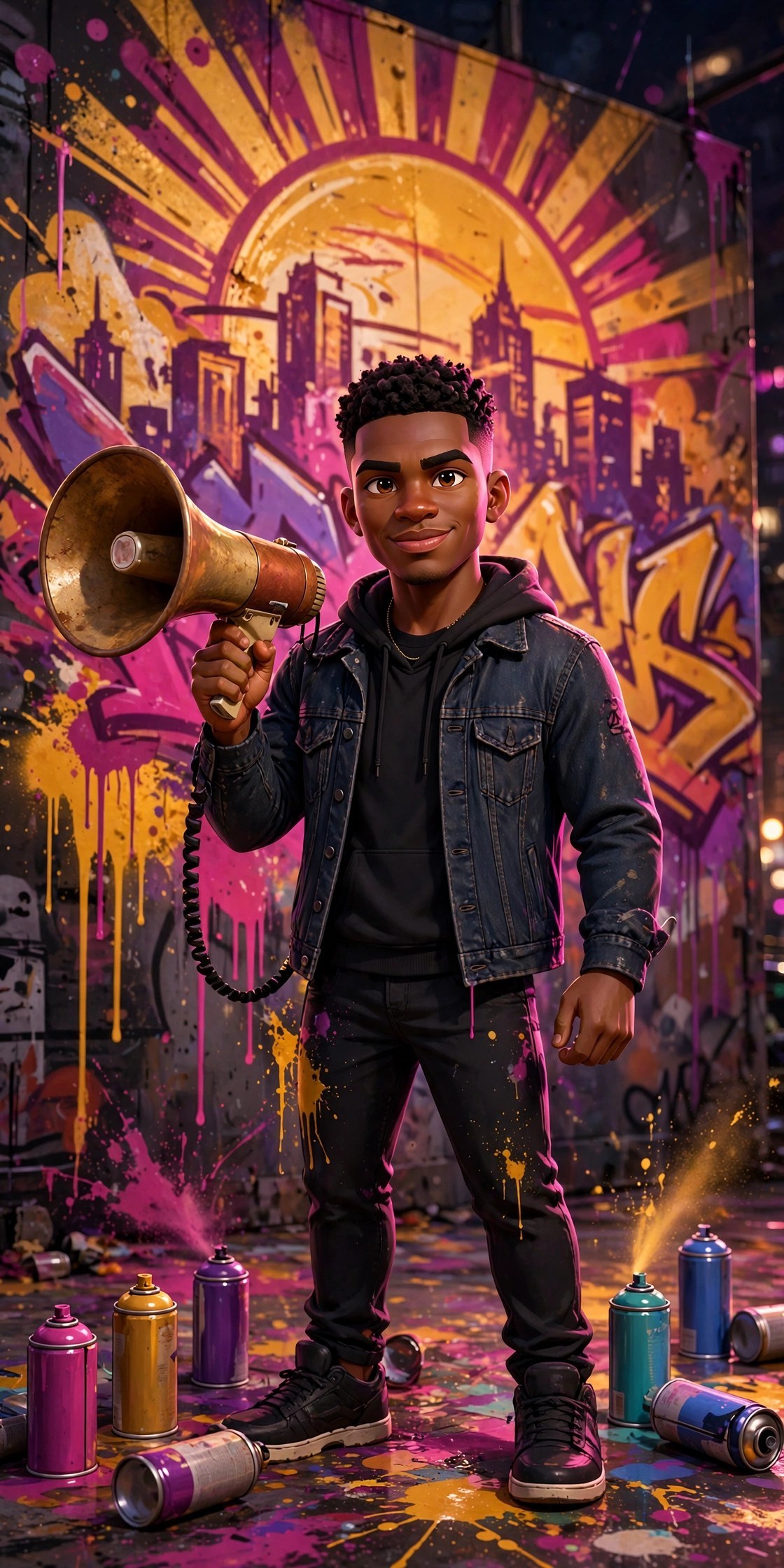 AI-generated dramatization art: Jamal with a megaphone before a sunrise mural