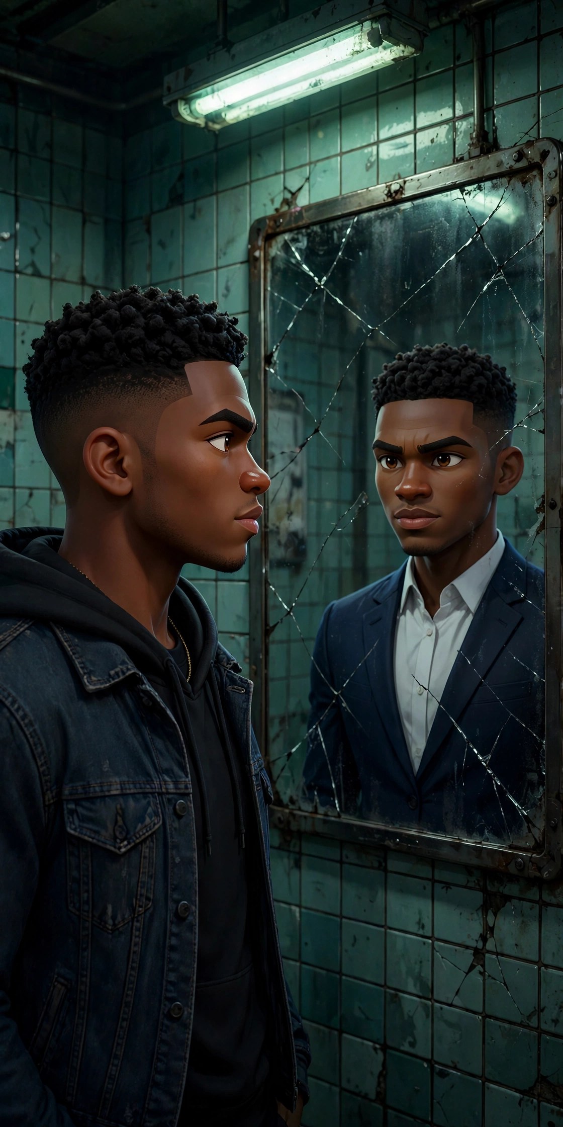 AI-generated dramatization art: Jamal facing his suited reflection