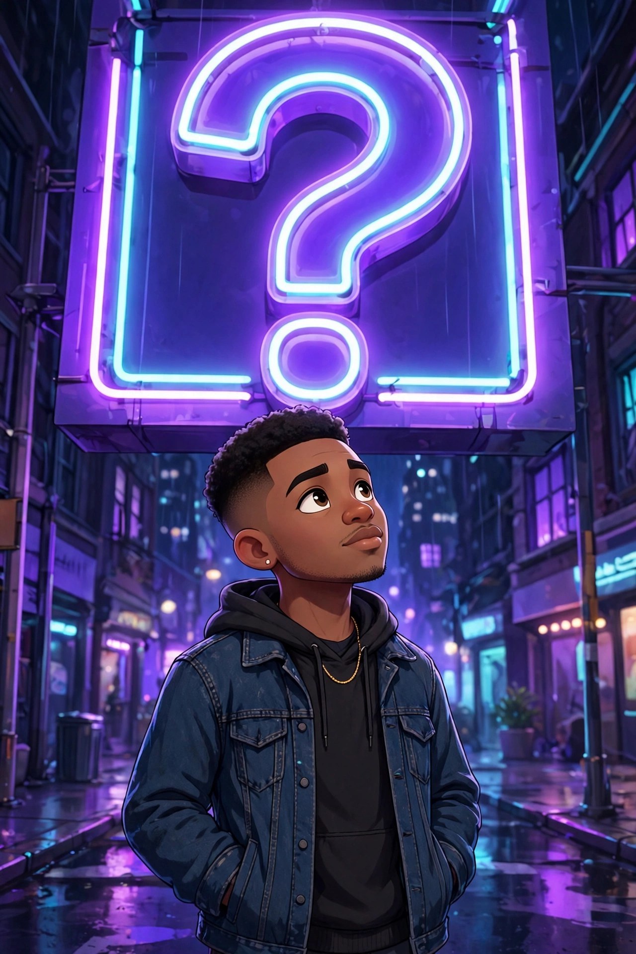 AI-generated dramatization art: Jamal under a neon question mark sign