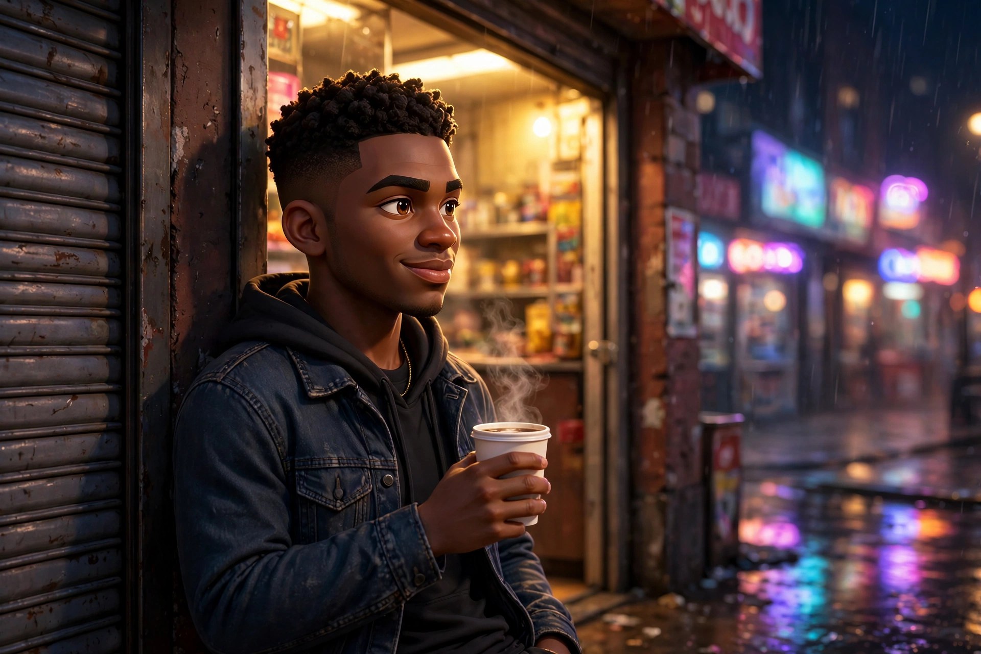 AI-generated dramatization art: Jamal outside a night bodega