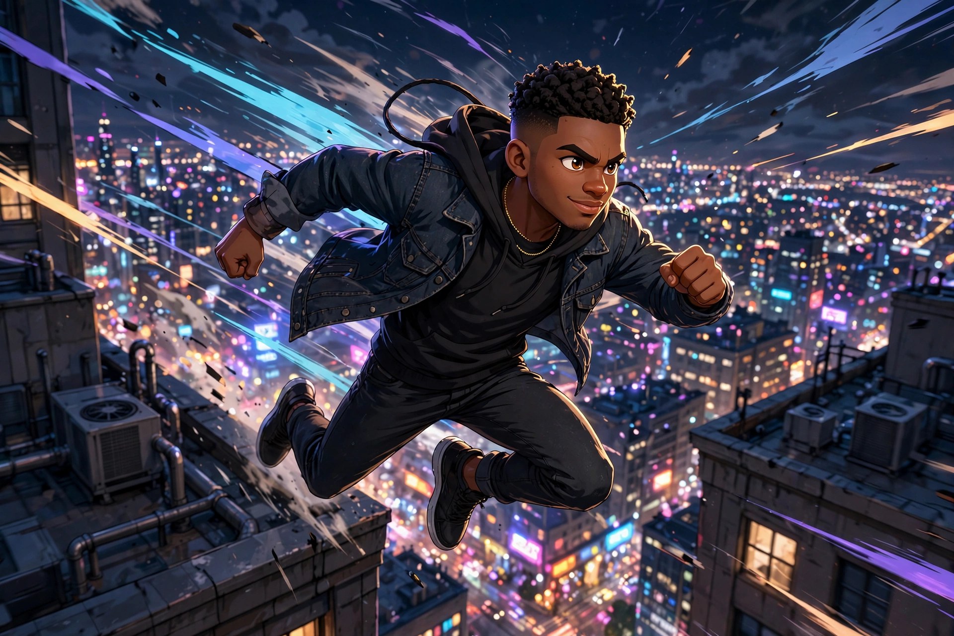 AI-generated dramatization art: Jamal sprinting across rooftops