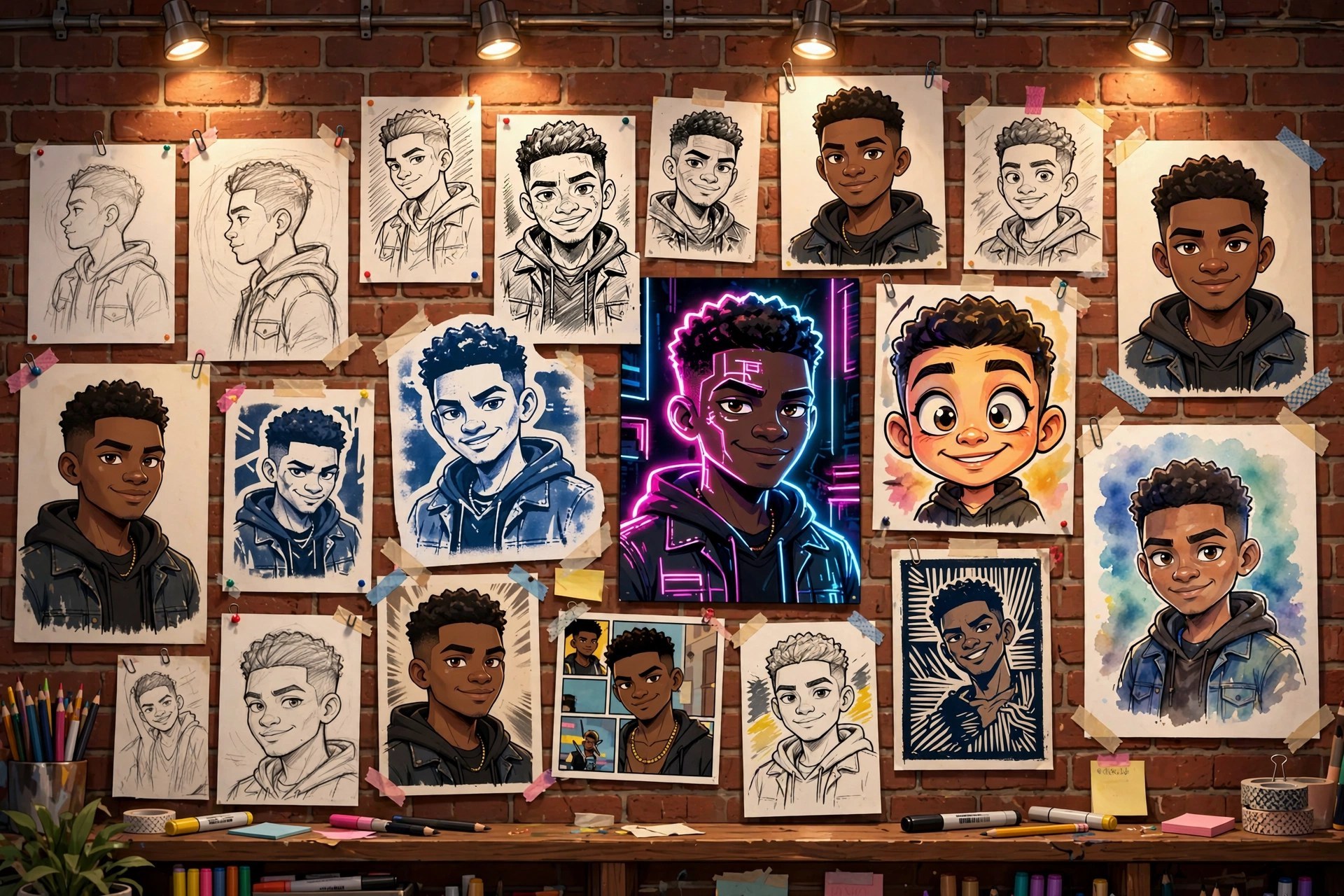AI-generated dramatization art: wall of fan-style sketches of Jamal