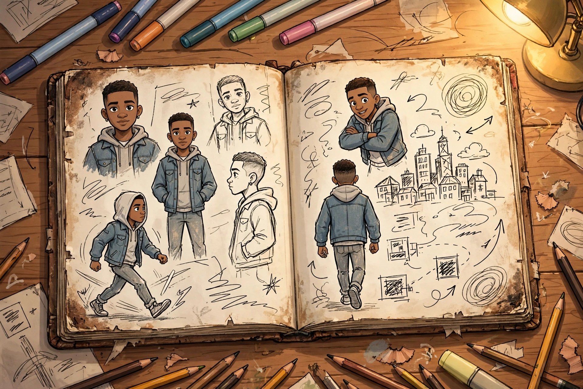 AI-generated dramatization art: concept sketches of Jamal in a sketchbook