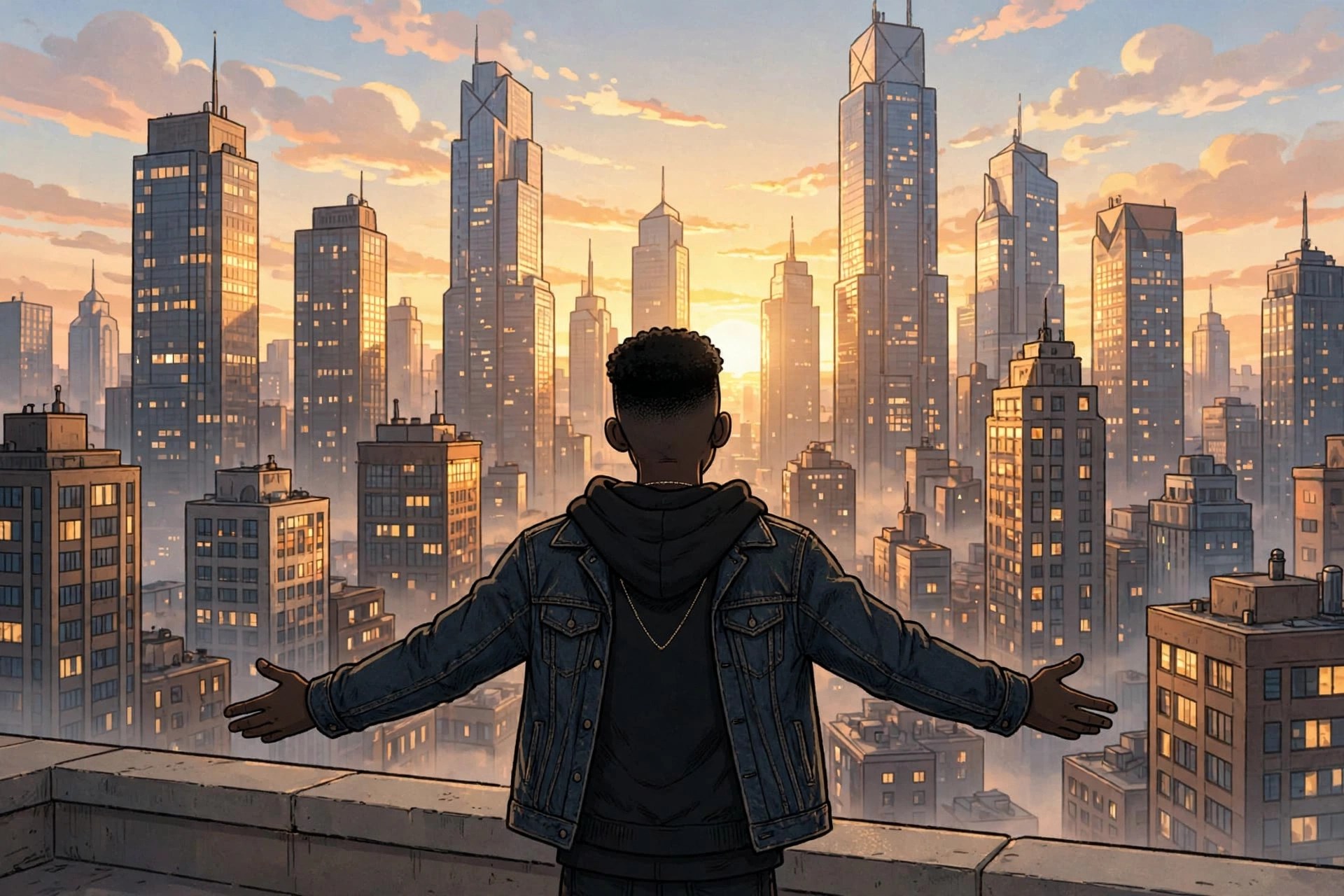AI-generated dramatization art: Jamal silhouetted against dawn skyscrapers