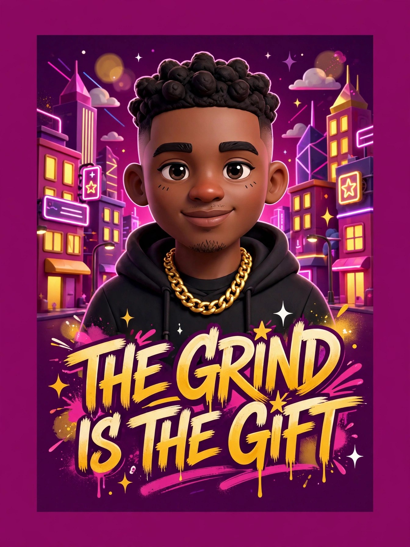AI-generated dramatization art: Jamal portrait with 'THE GRIND' lettering