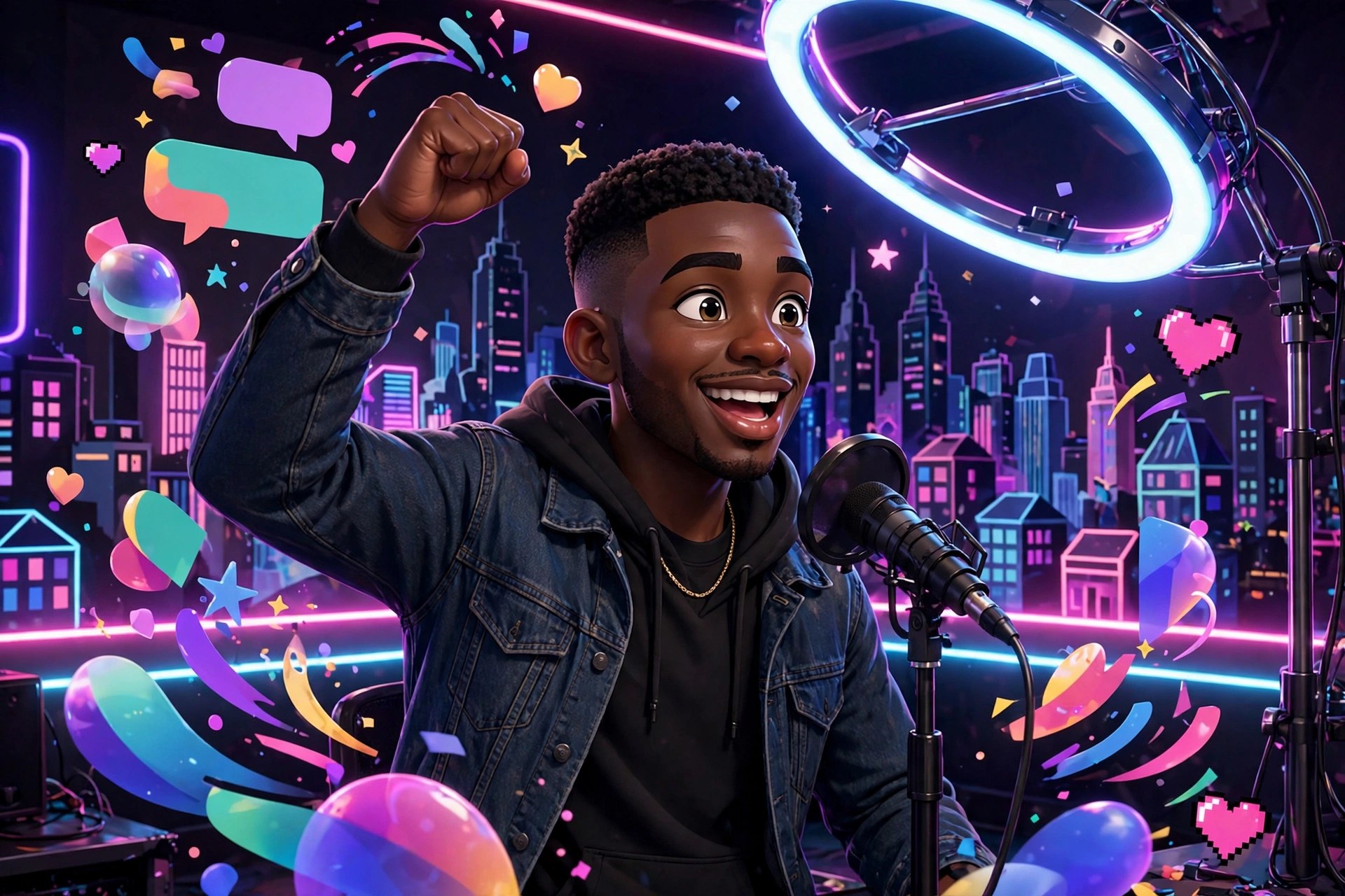 AI-generated dramatization art: Jamal on a neon stage for his stream