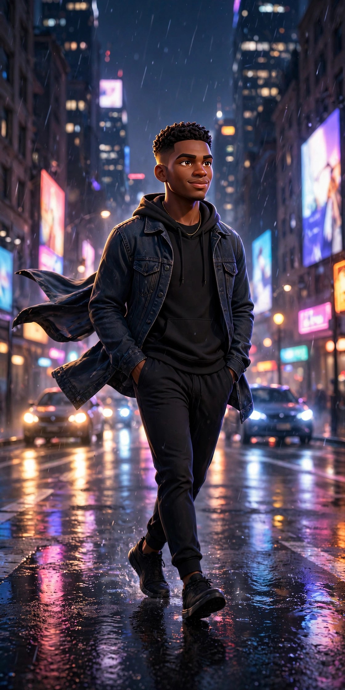 AI-generated dramatization art: Jamal walking a rain-slicked avenue