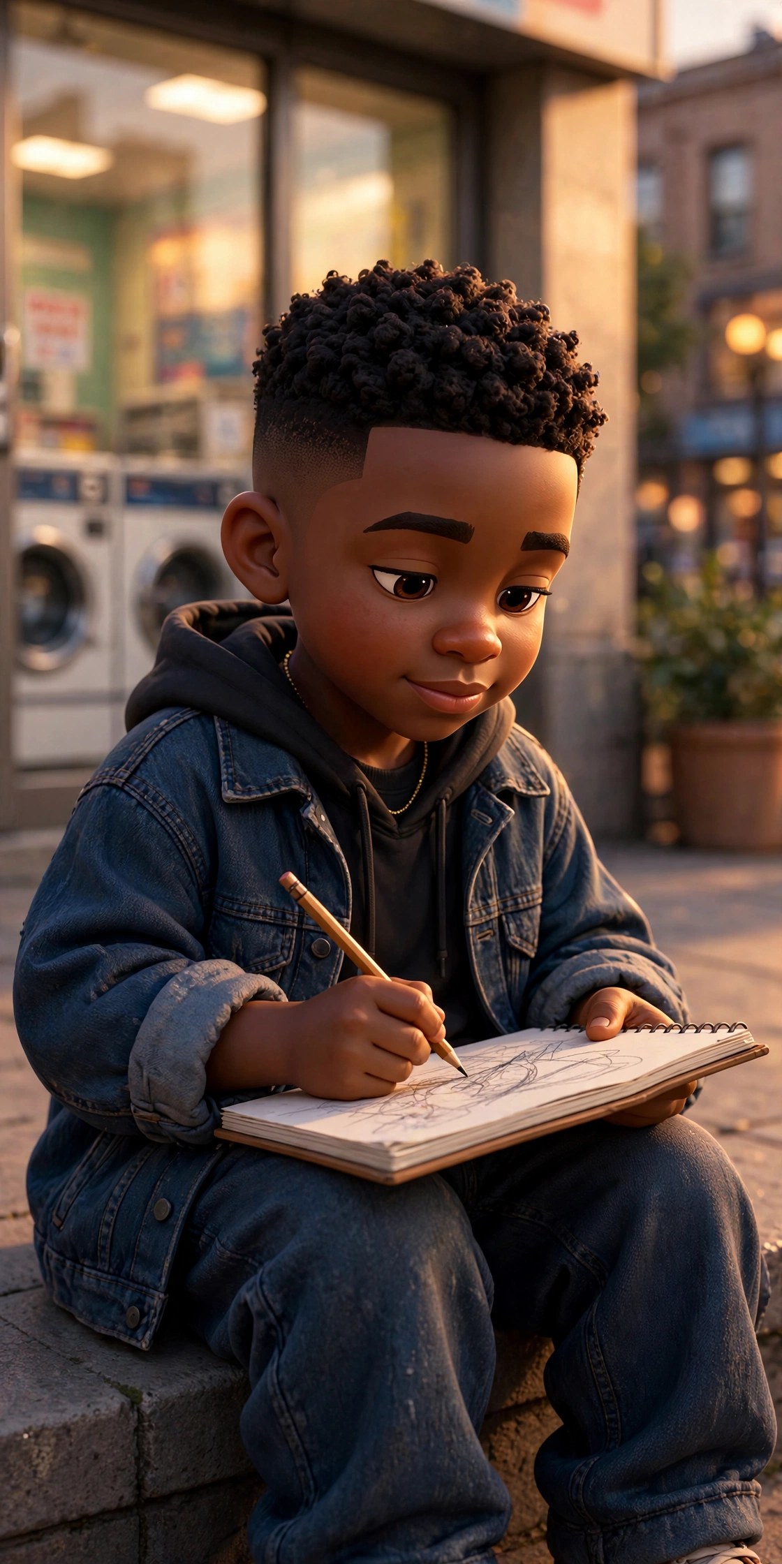 AI-generated dramatization art: young Jamal with a sketchbook on a stoop