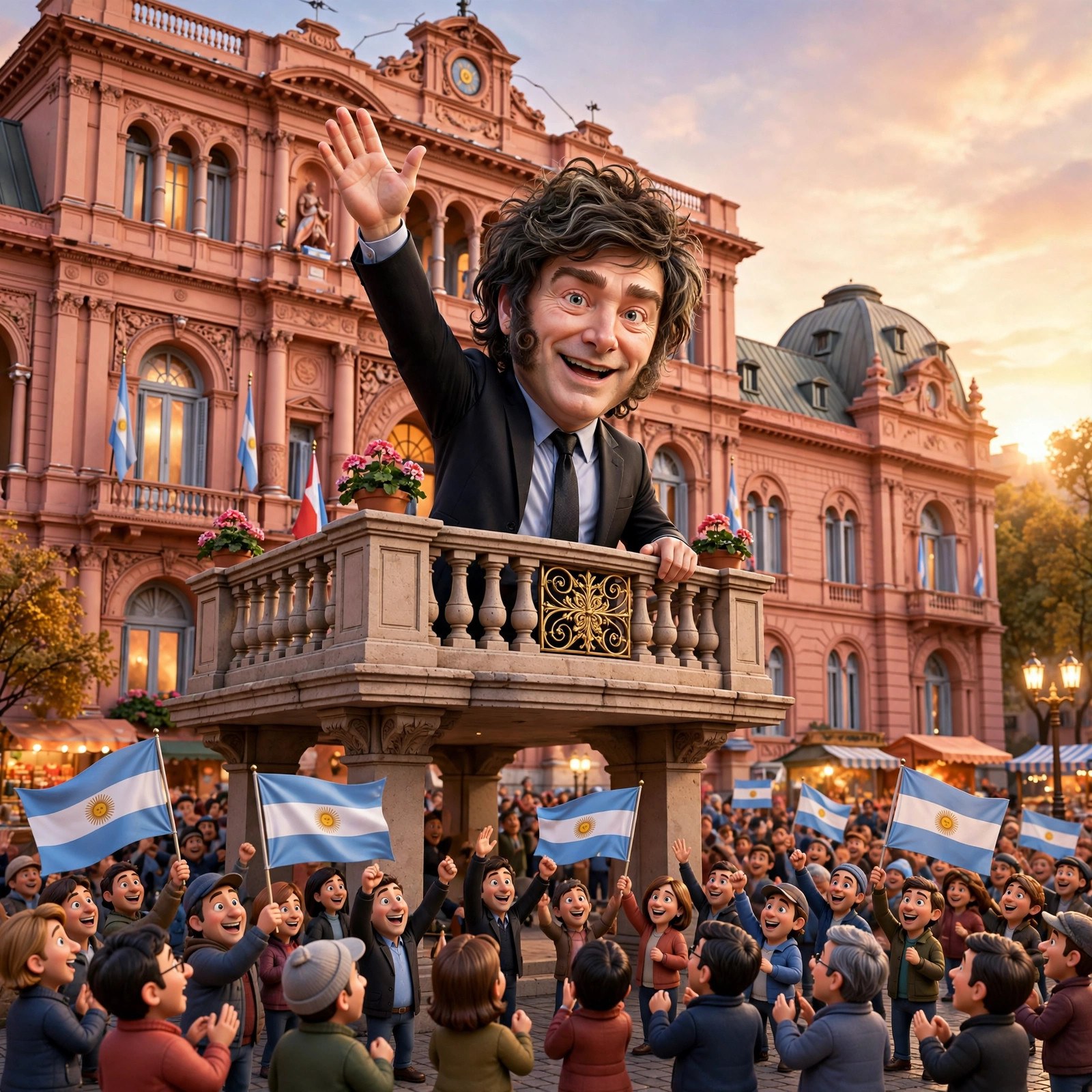 Moment: the animated Milei character waving from a pink palace balcony to a crowd