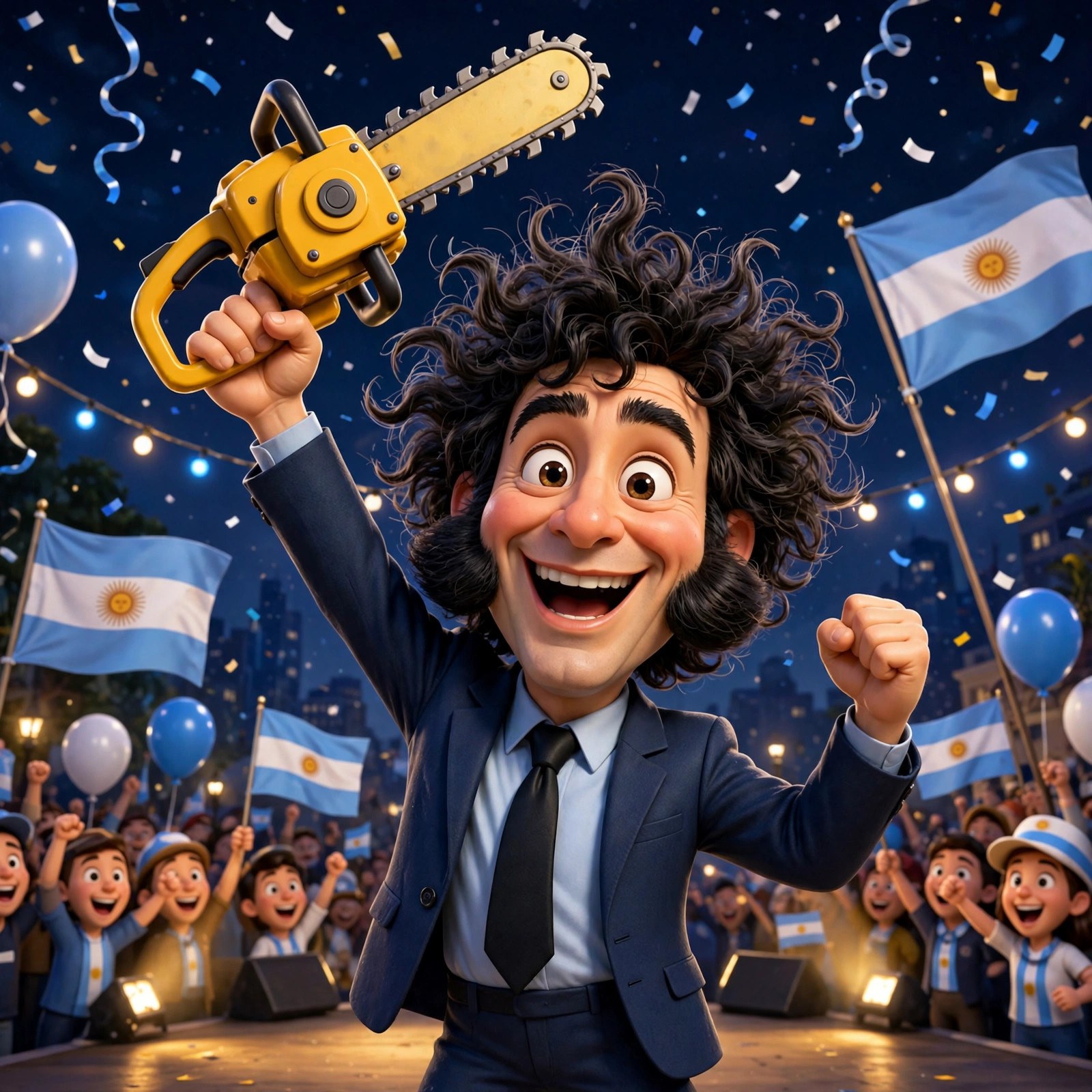 Moment: the animated Milei character holding a cartoon chainsaw overhead at a night rally