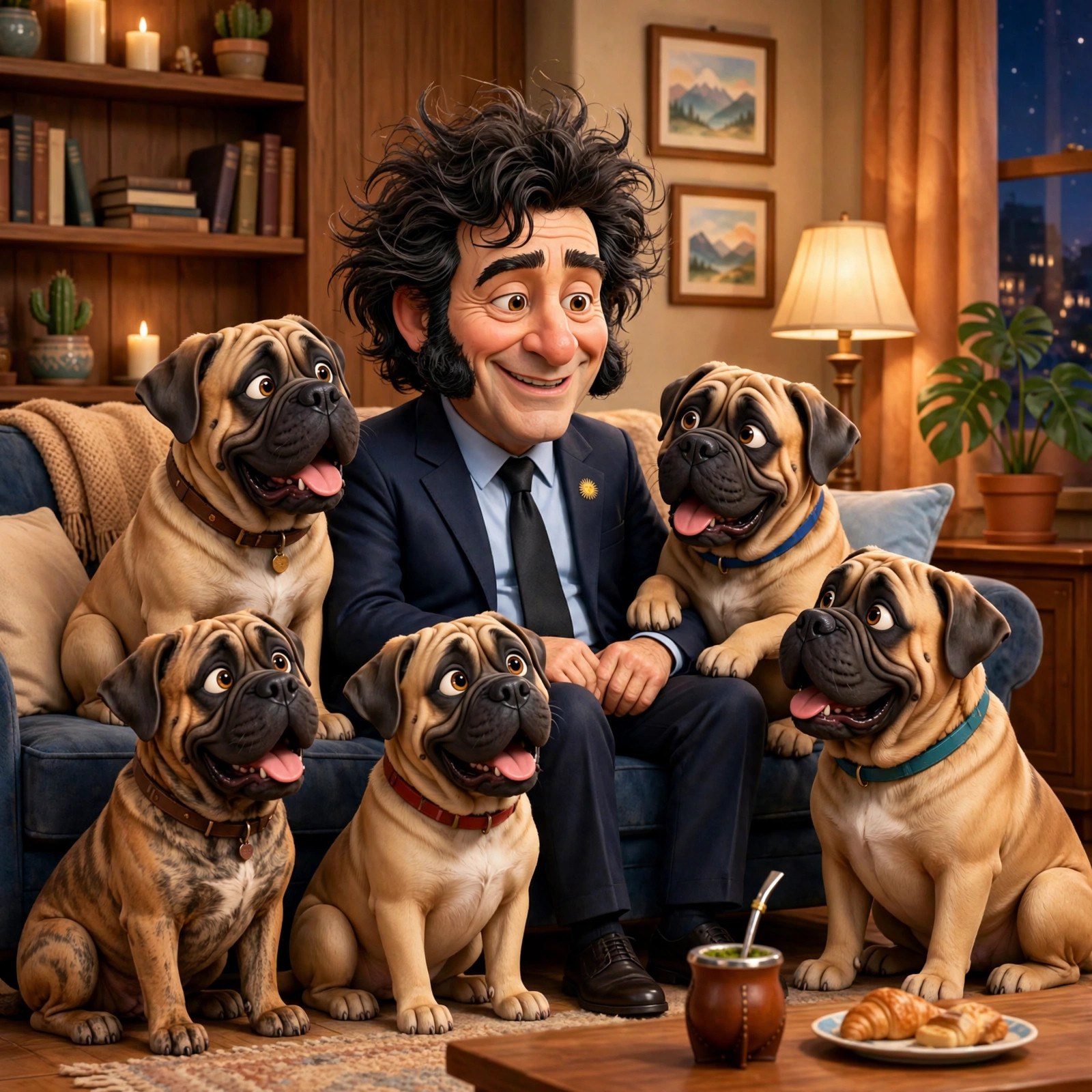 Moment: the animated Milei character on a couch with five cartoon mastiff dogs