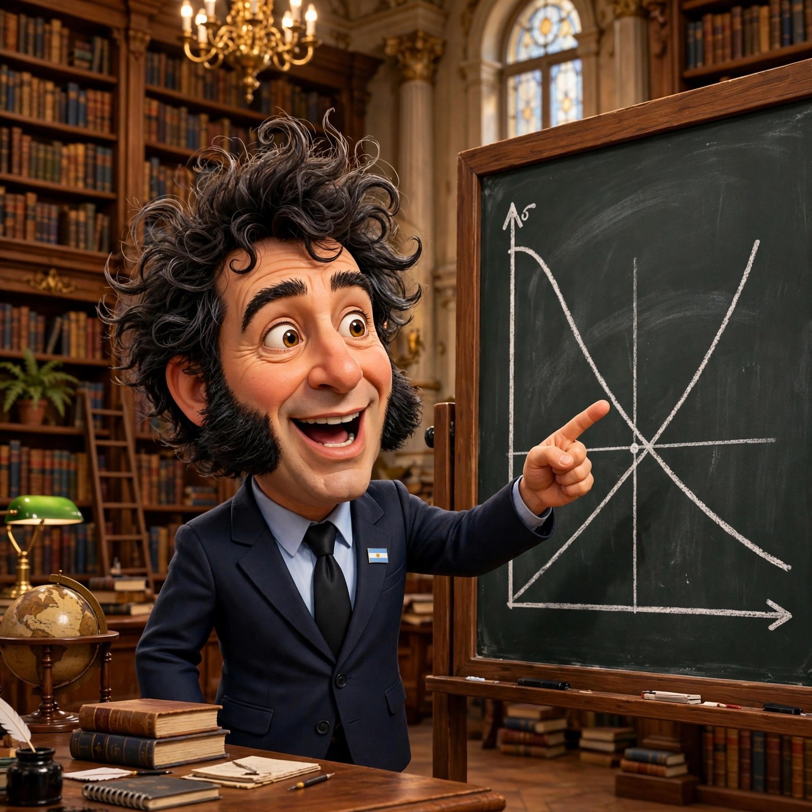 Moment: the animated Milei character lecturing at a chalkboard in a library