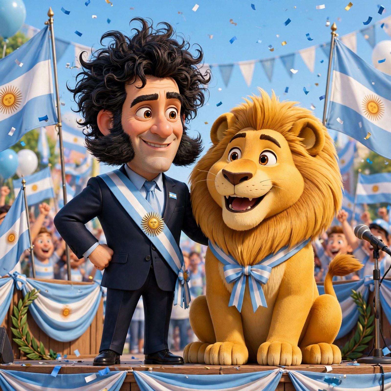 Moment: the animated Milei character with a friendly cartoon lion on a rally stage