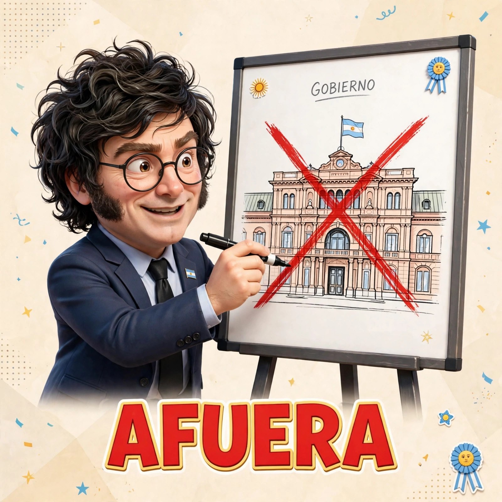 Quote card: the animated Milei character crossing out a government building with the word AFUERA
