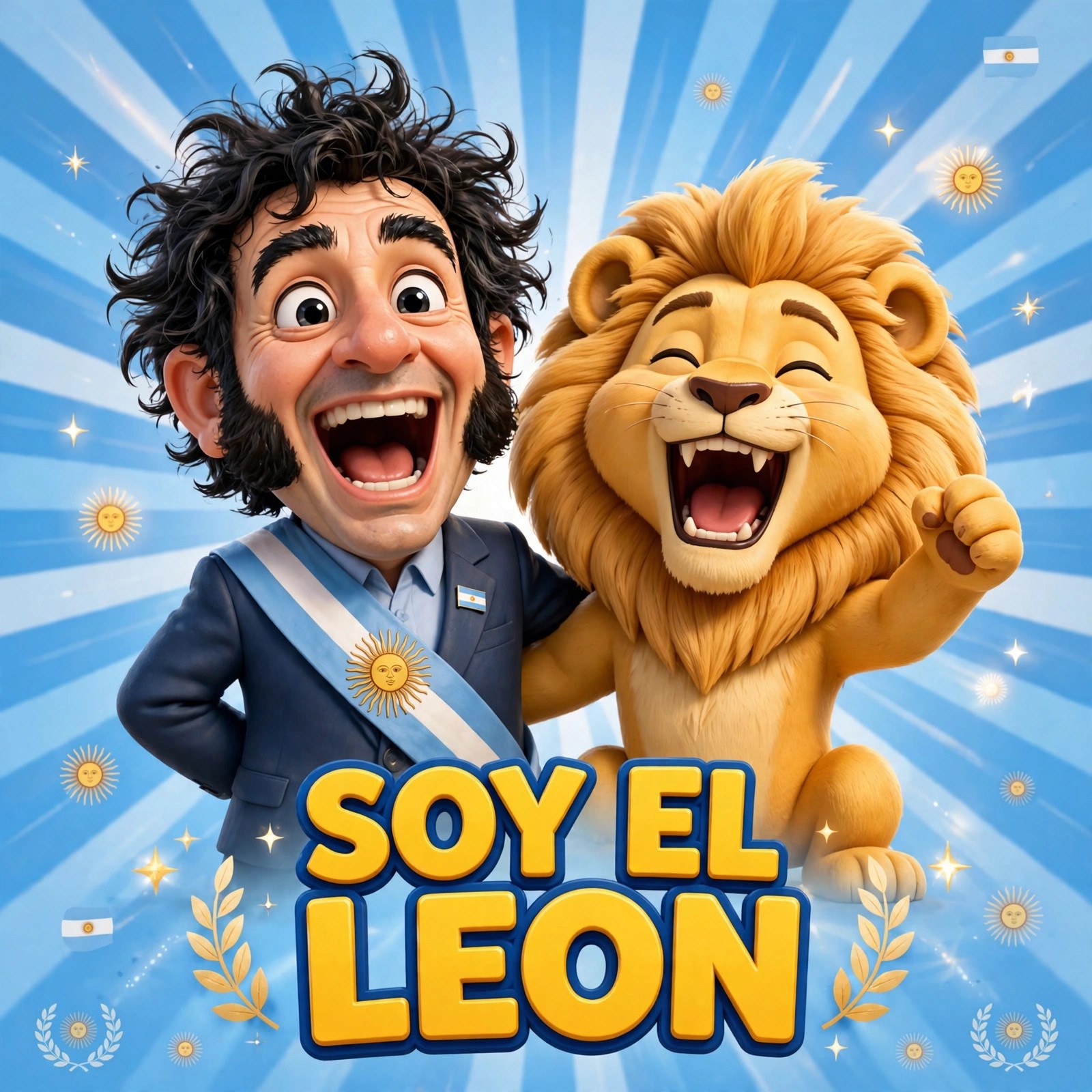 Quote card: the animated Milei character roaring beside a cartoon lion with the words SOY EL LEON