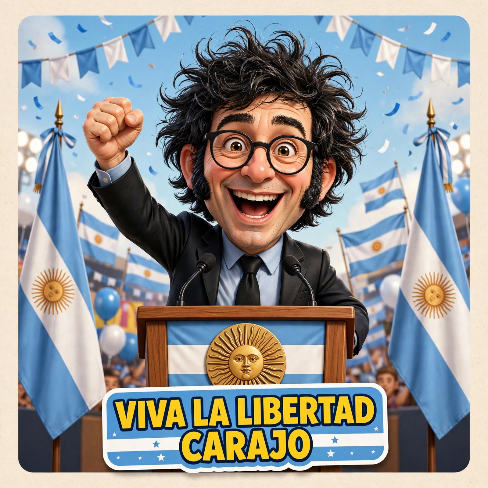 Quote card: the animated Milei character at a rally podium with the words VIVA LA LIBERTAD CARAJO