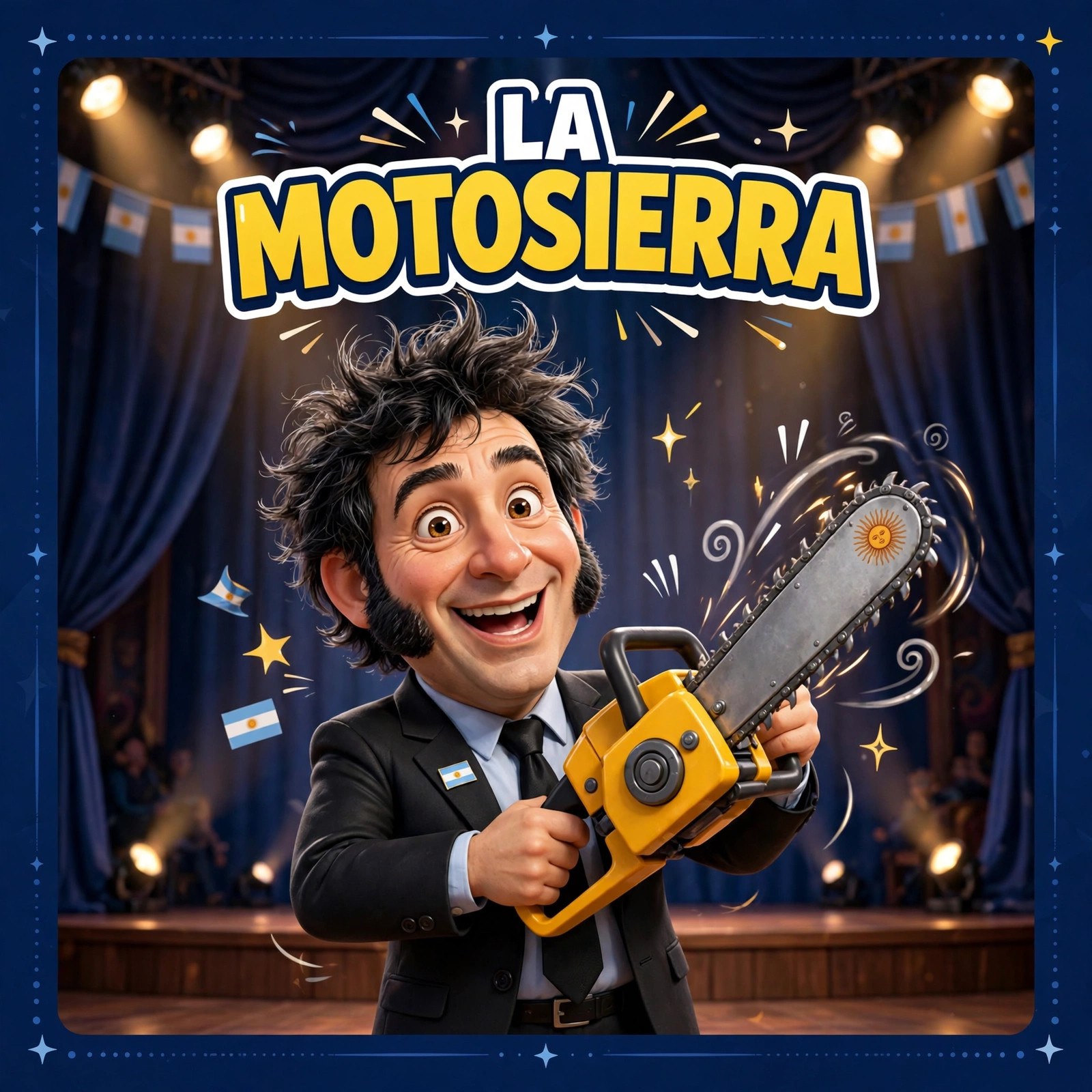 Quote card: the animated Milei character holding a cartoon chainsaw with the words LA MOTOSIERRA