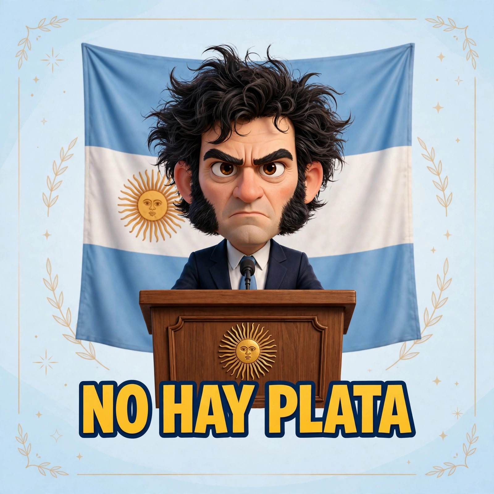 Quote card: the animated Milei character at a podium with the words NO HAY PLATA