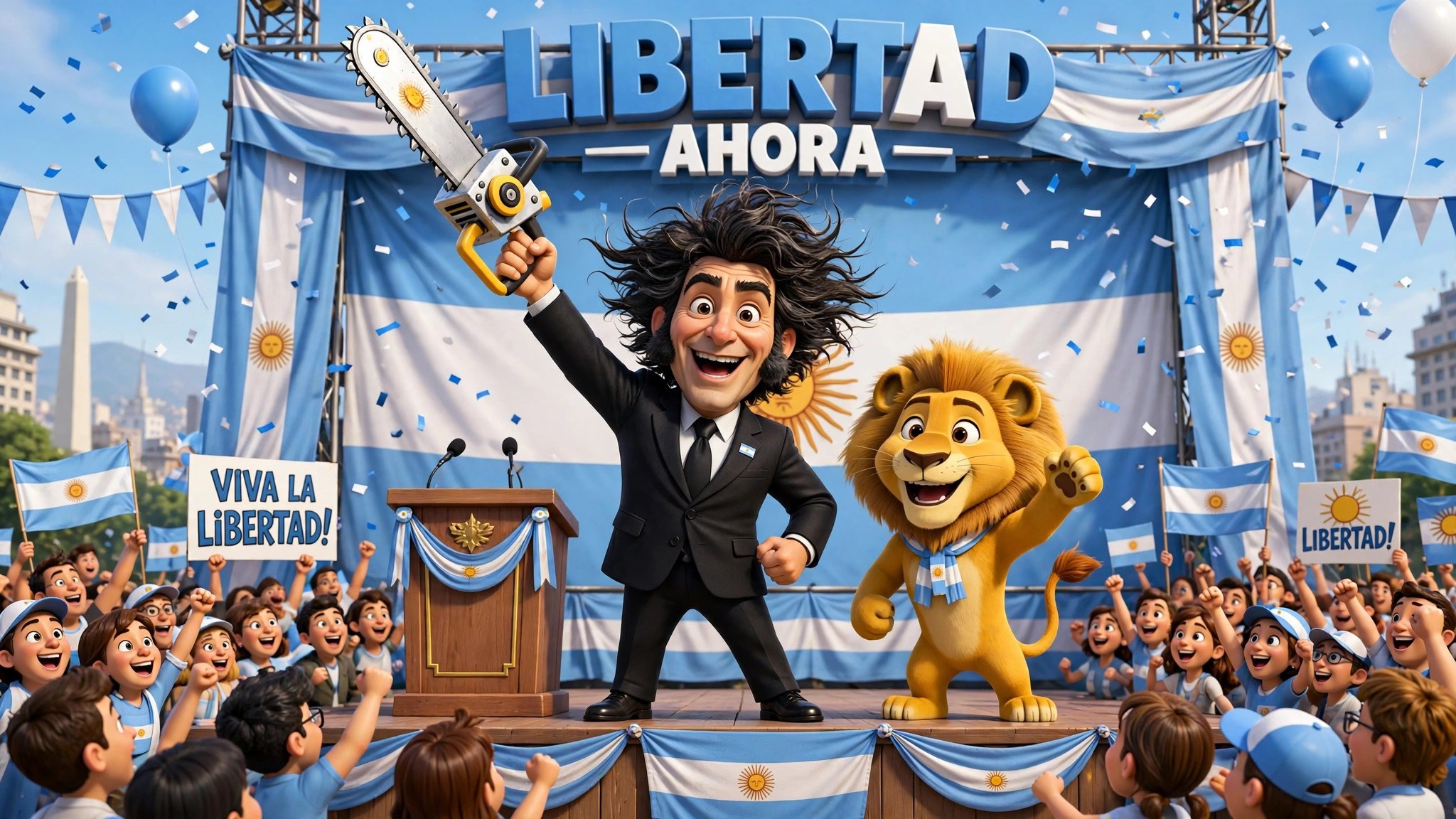 Wide AI-generated illustration of the stream's animated Milei character raising a cartoon chainsaw on a rally stage with a cartoon lion beside him