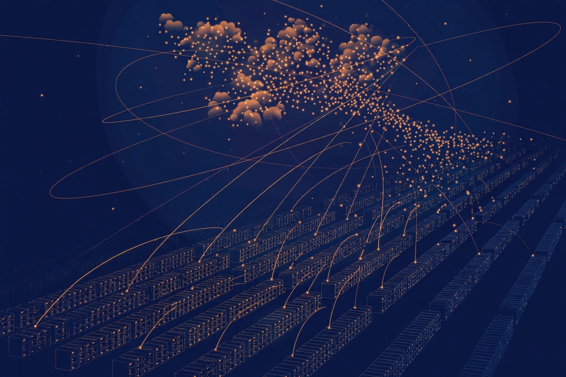 Abstract illustration of server racks forming a glowing cloud constellation