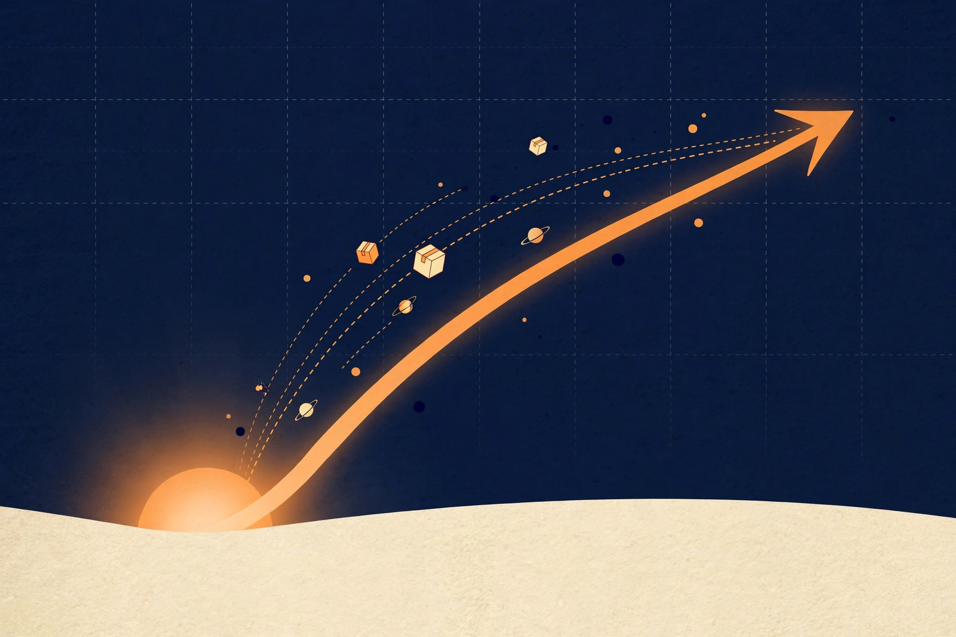 Abstract illustration of a sunrise arrow arcing over a paper horizon