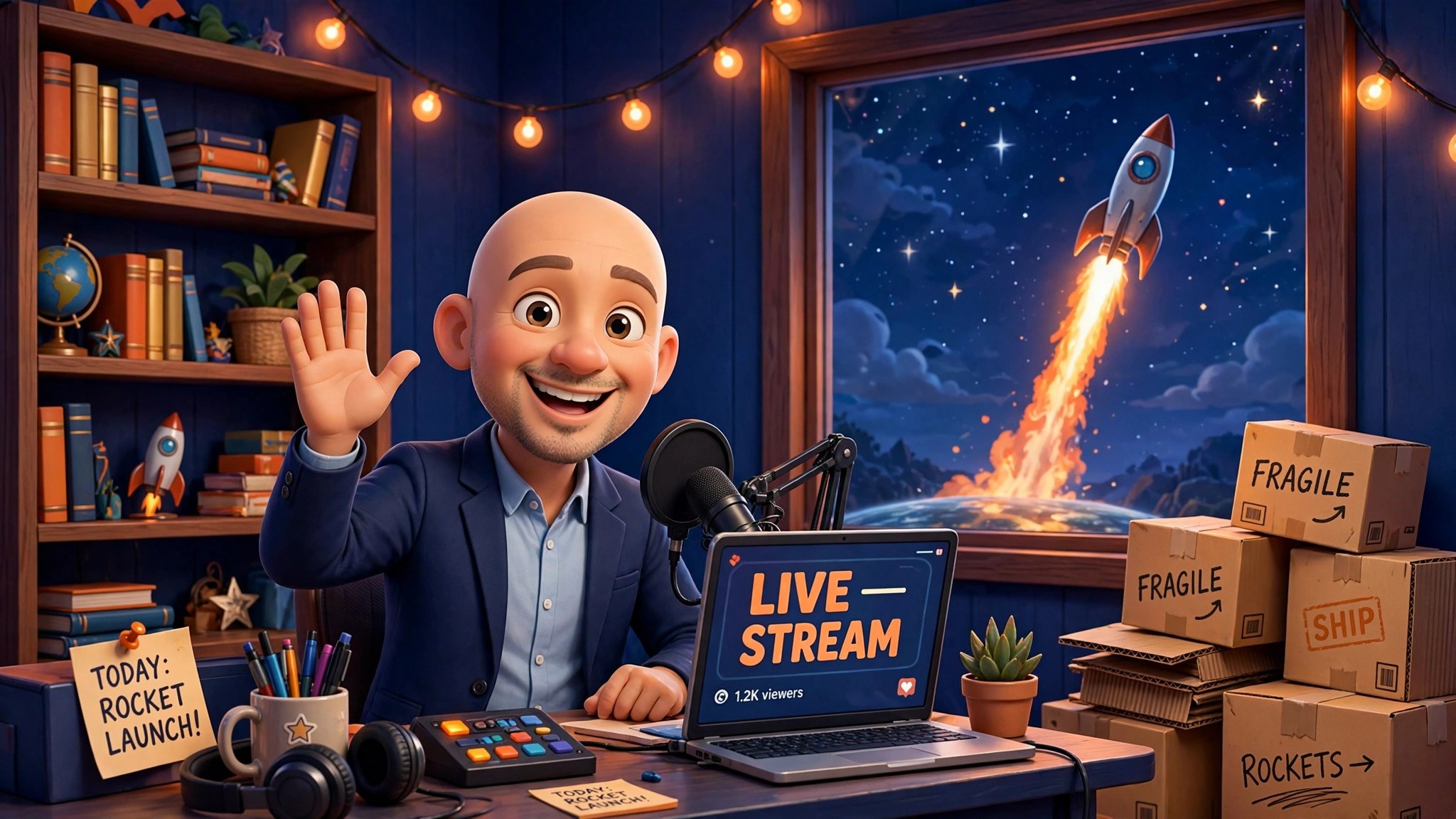 AI-generated illustration of the stream's animated Bezos character at a streaming desk with a bookshelf and a rocket launch behind