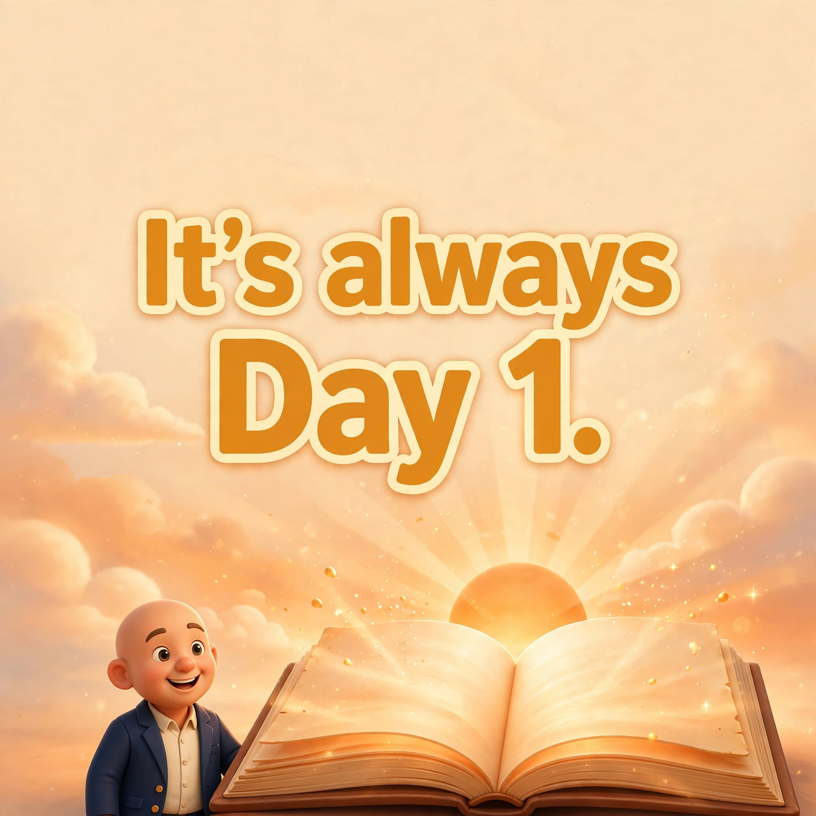 Shareable quote card: the animated Bezos character beside the quote 'It's always Day 1.'