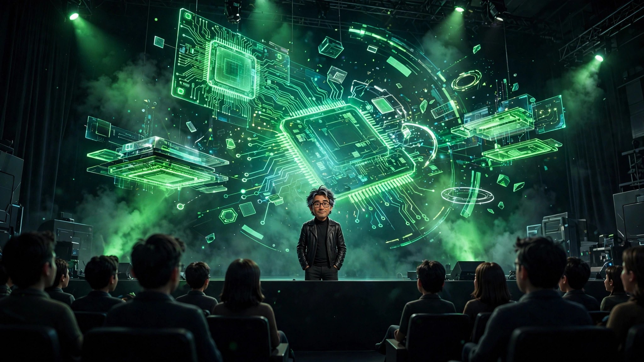 AI-generated illustration of the animated Jensen Huang character on a dark keynote stage with green light