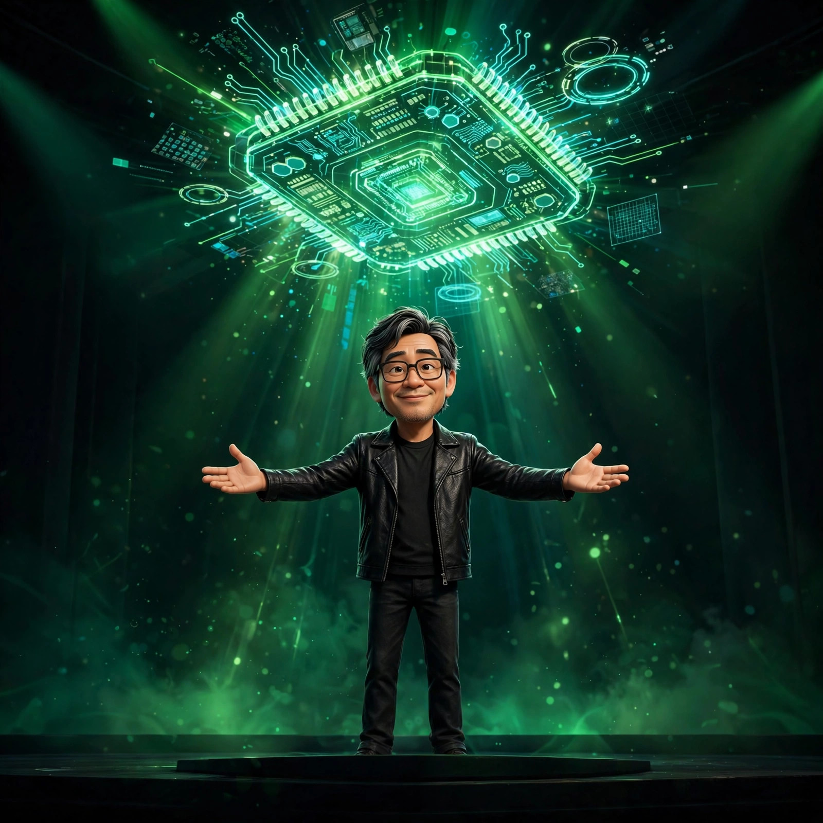 AI-generated illustration of the animated Jensen Huang character on a dark keynote stage bathed in green light