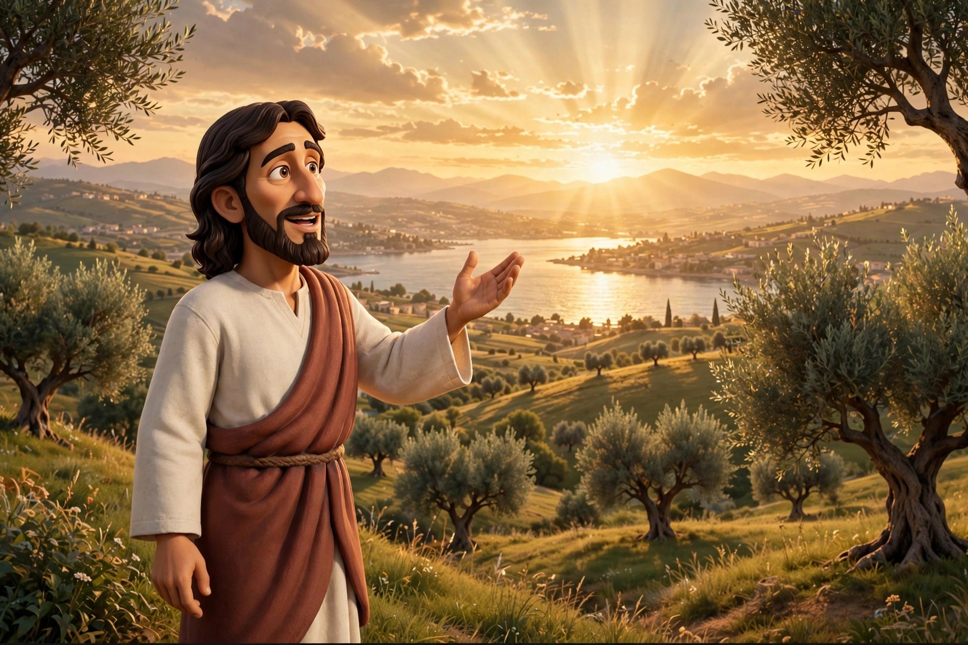 AI-generated illustration of the animated Jesus character teaching on a grassy hillside above the Sea of Galilee at sunset