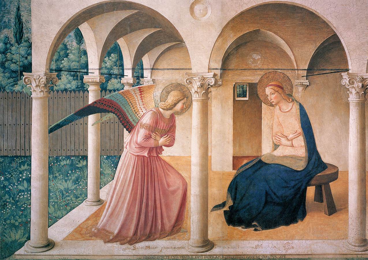 Fra Angelico's Annunciation fresco: the angel Gabriel announcing to Mary that she will bear a son