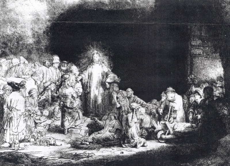 Rembrandt's Hundred Guilder Print: Christ stands among a large crowd of listeners, the sick and the curious gathered around him